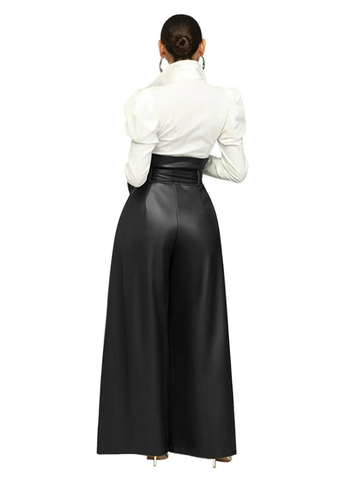 1980s Solid PU Leather Belted Wide-Leg Pants - Image 3