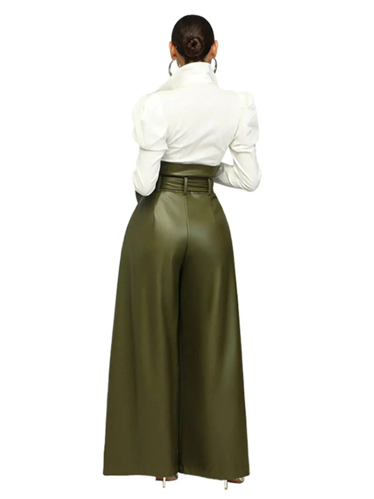 1980s Solid PU Leather Belted Wide-Leg Pants - Image 7