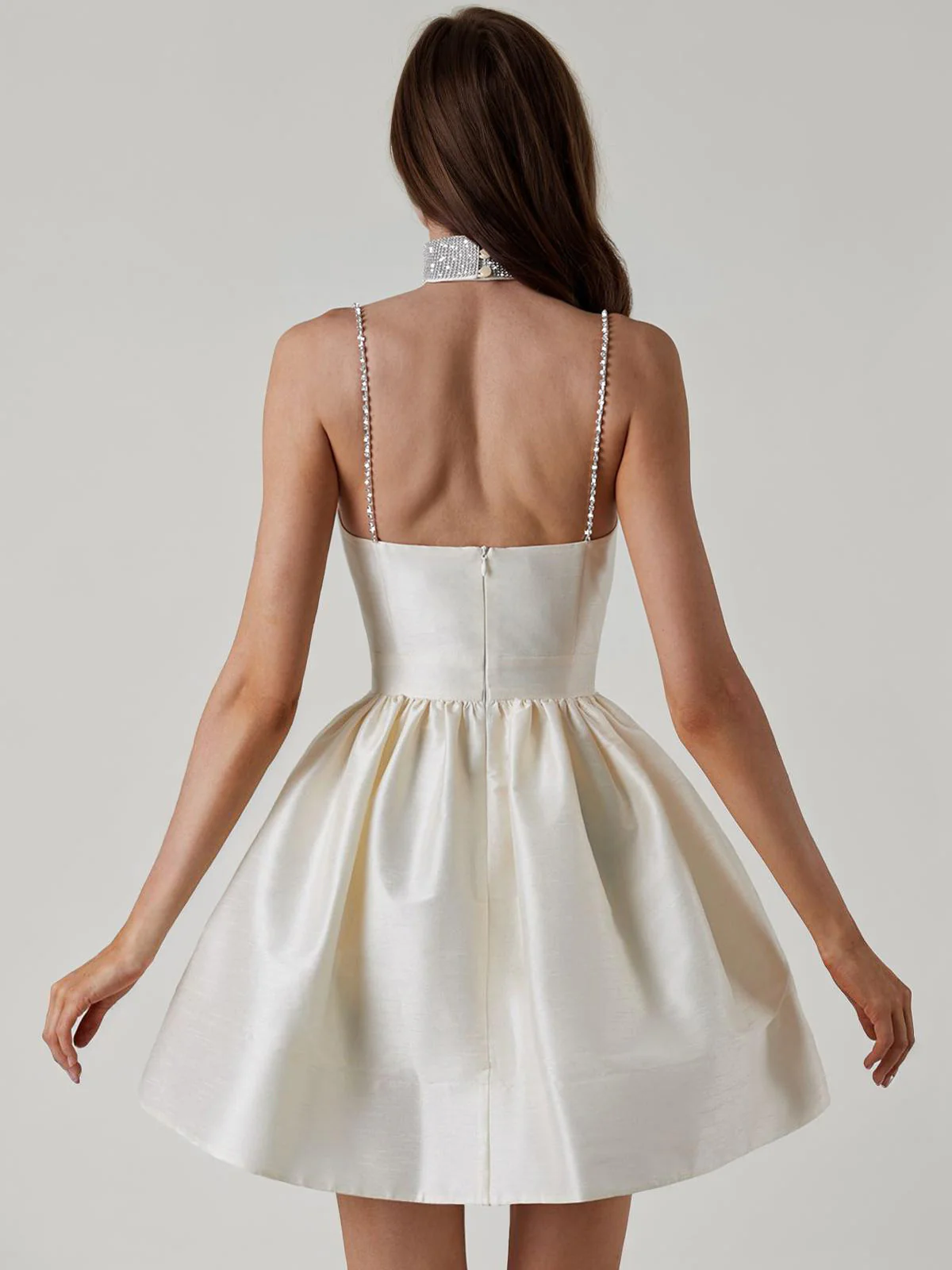 1980s Solid Rhinestone Straps Puffy Dress - Image 10