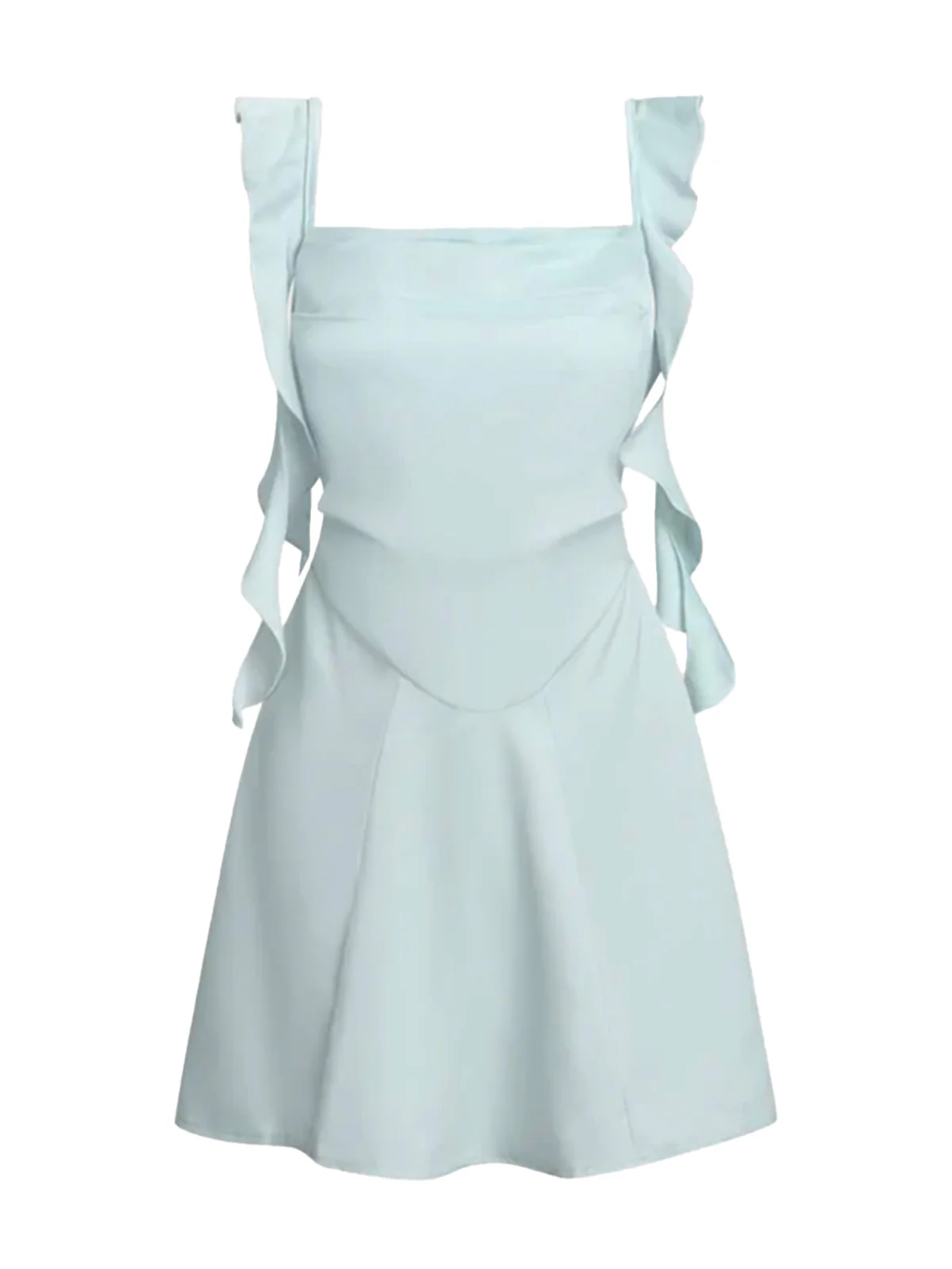 1980s Solid Ruffled Strap Square Neck Dress - Image 4