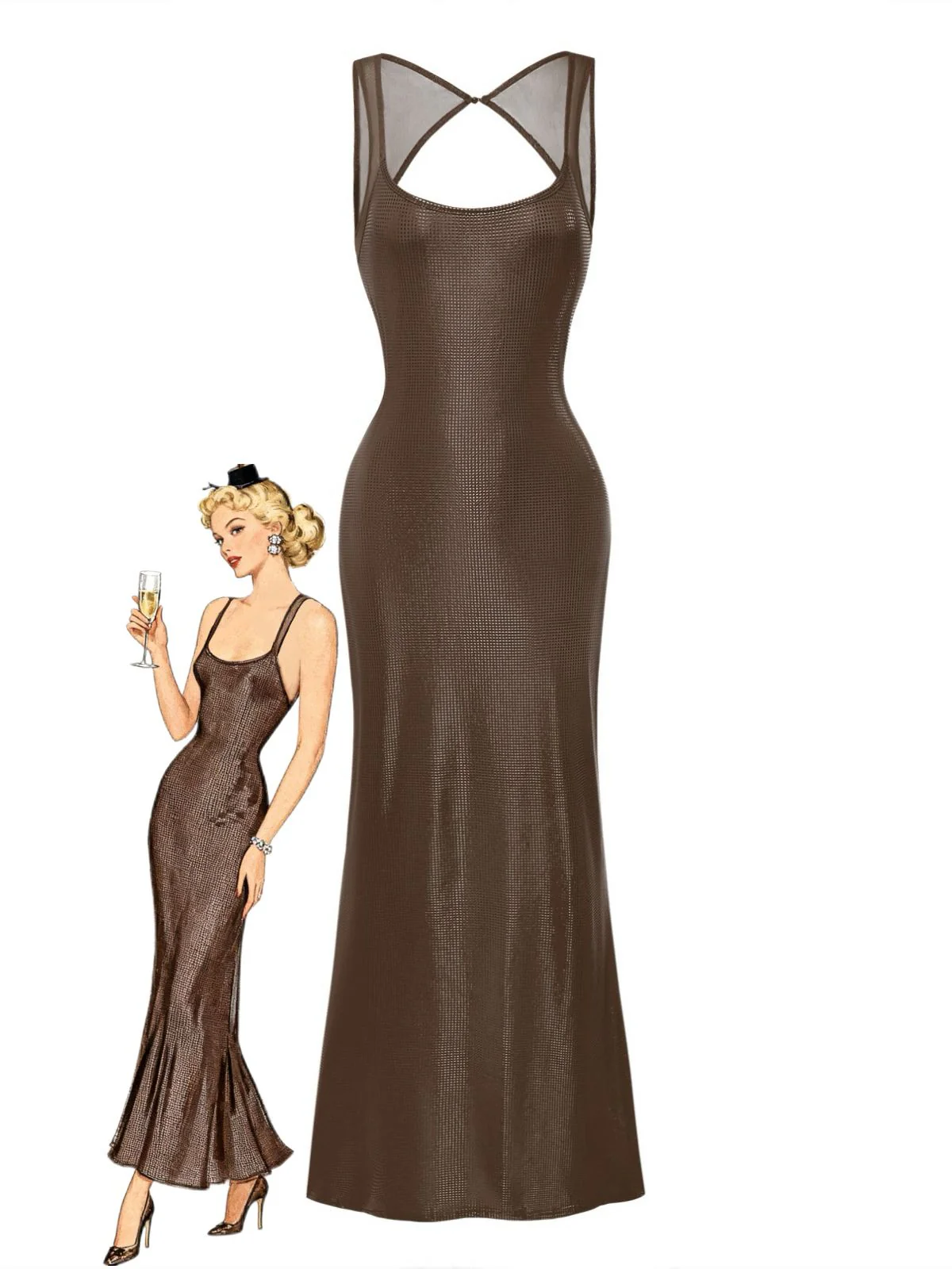 1980s Solid Sequined Mesh Buckle Square Neck Dress - Image 10