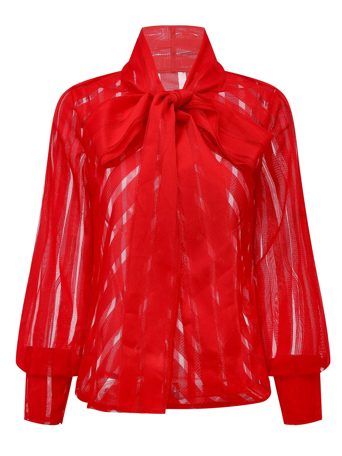 1980s Solid Sheer Mesh Striped Bow Tie Blouse - Image 2