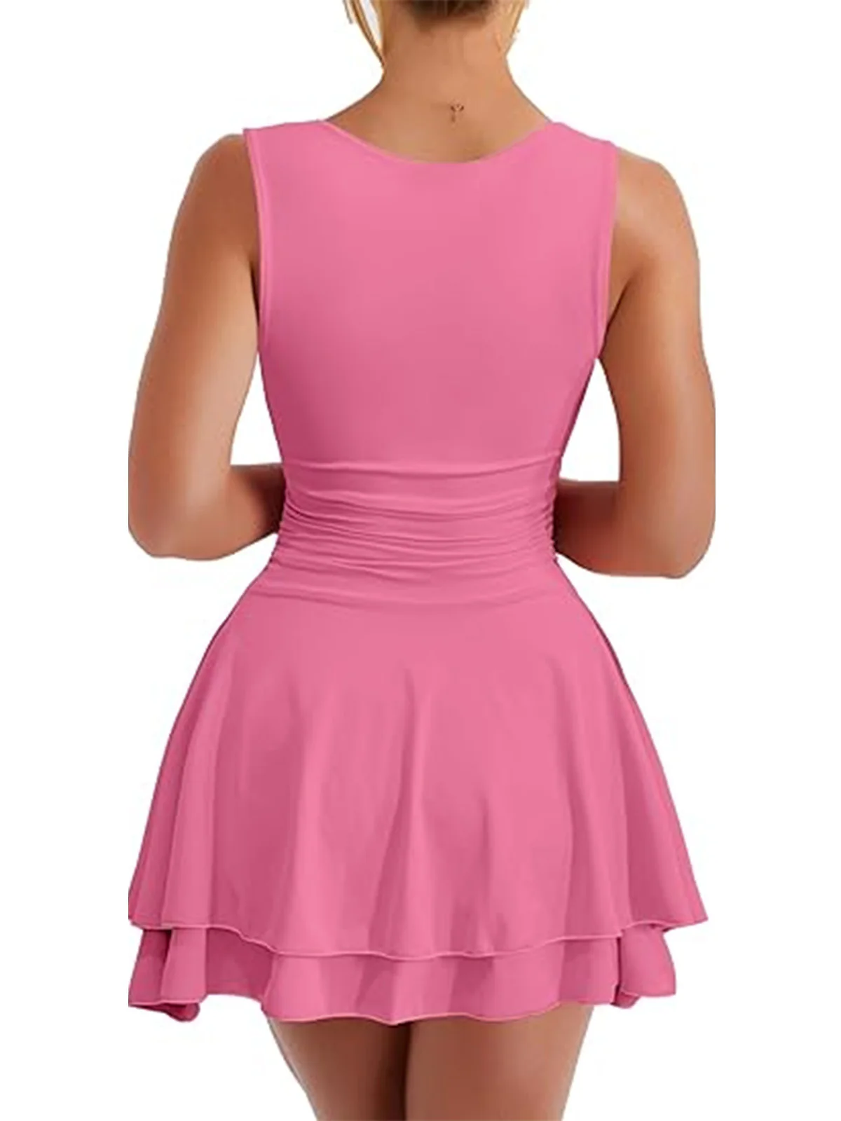 1980s Square Neck Ruched Tiered Solid Dress - Image 12