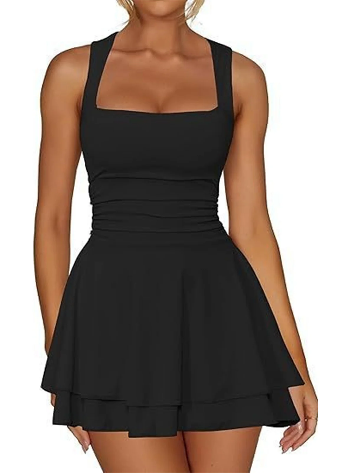1980s Square Neck Ruched Tiered Solid Dress - Image 2