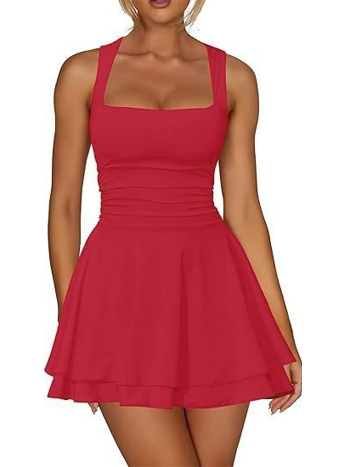 1980s Square Neck Ruched Tiered Solid Dress - Image 5