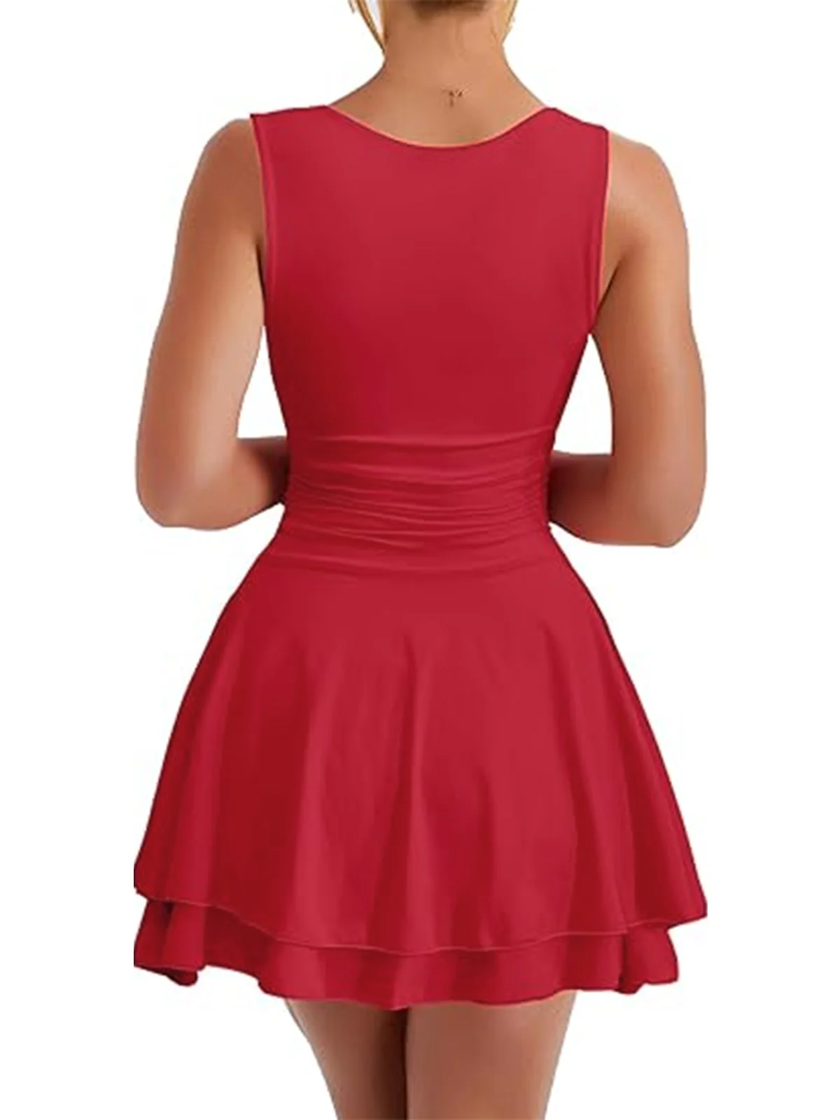 1980s Square Neck Ruched Tiered Solid Dress - Image 6