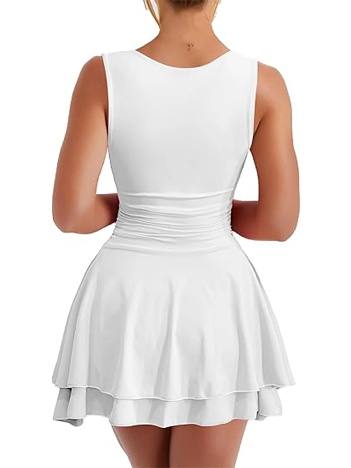 1980s Square Neck Ruched Tiered Solid Dress - Image 9