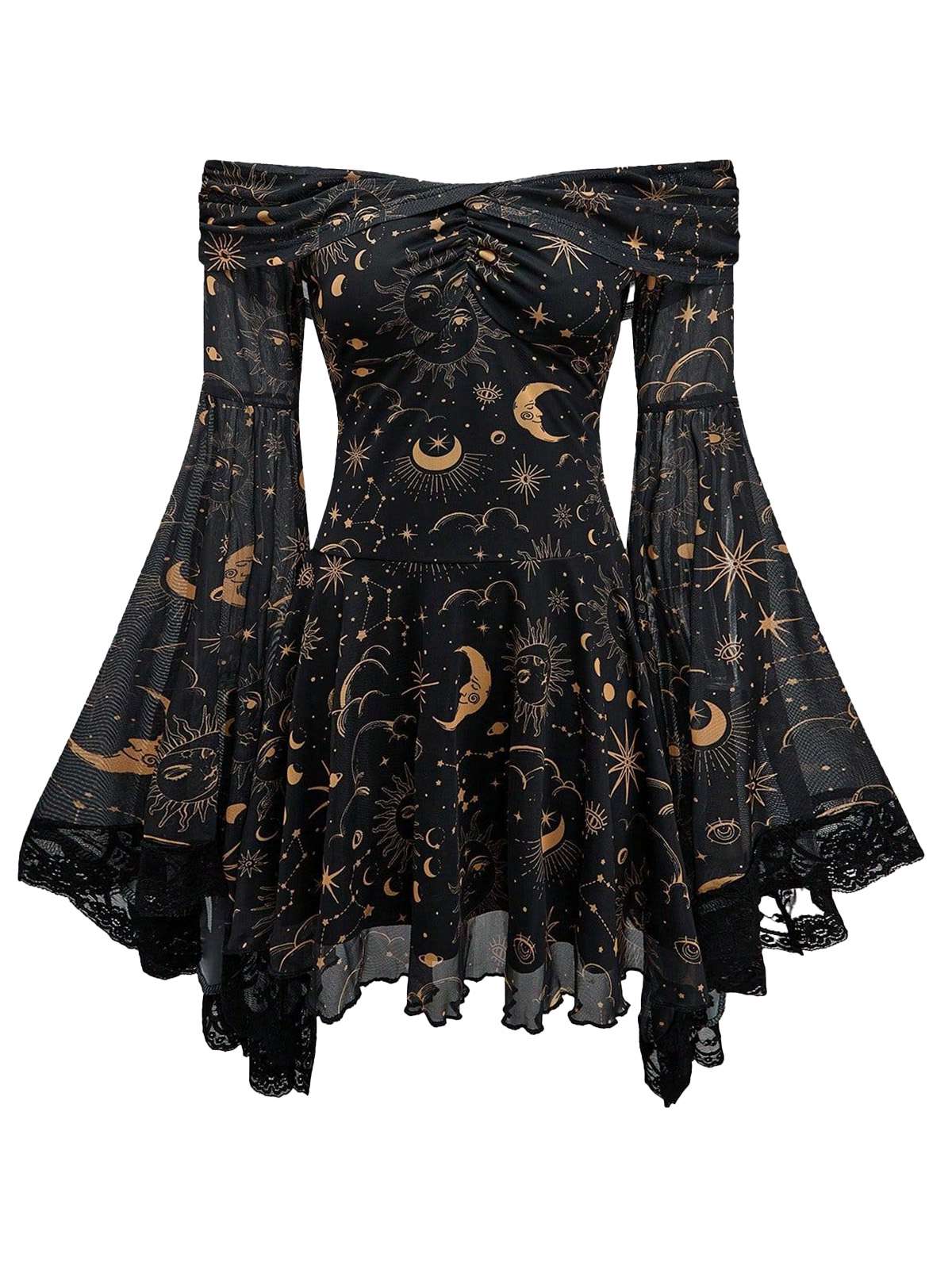 1980s Star Moon Sun Face Off-Shoulder Bell Sleeve Dress - Image 2