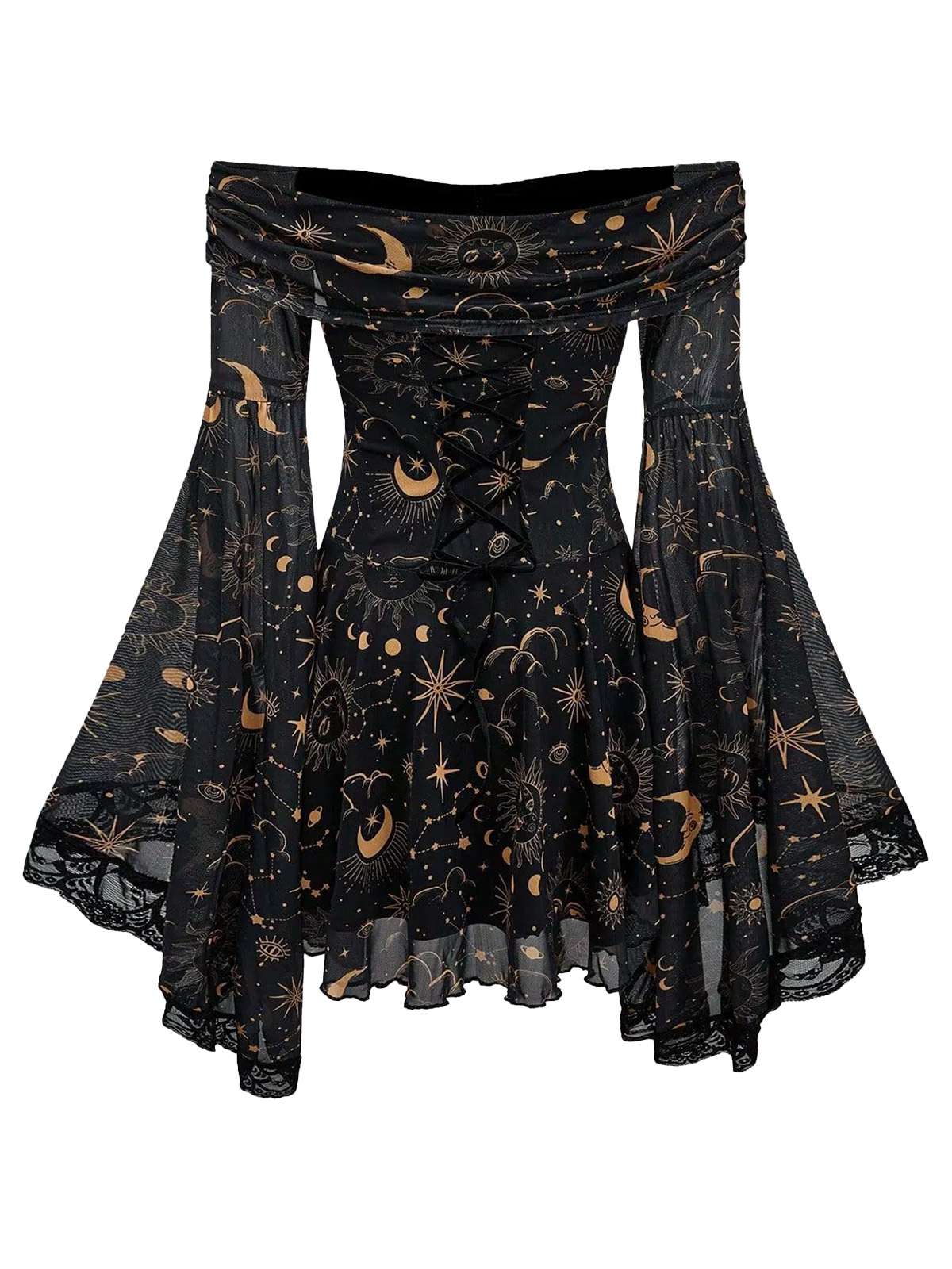1980s Star Moon Sun Face Off-Shoulder Bell Sleeve Dress - Image 3