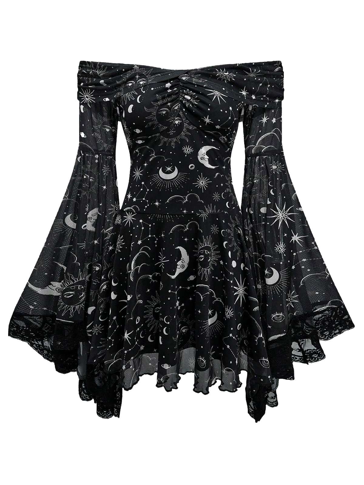 1980s Star Moon Sun Face Off-Shoulder Bell Sleeve Dress - Image 4