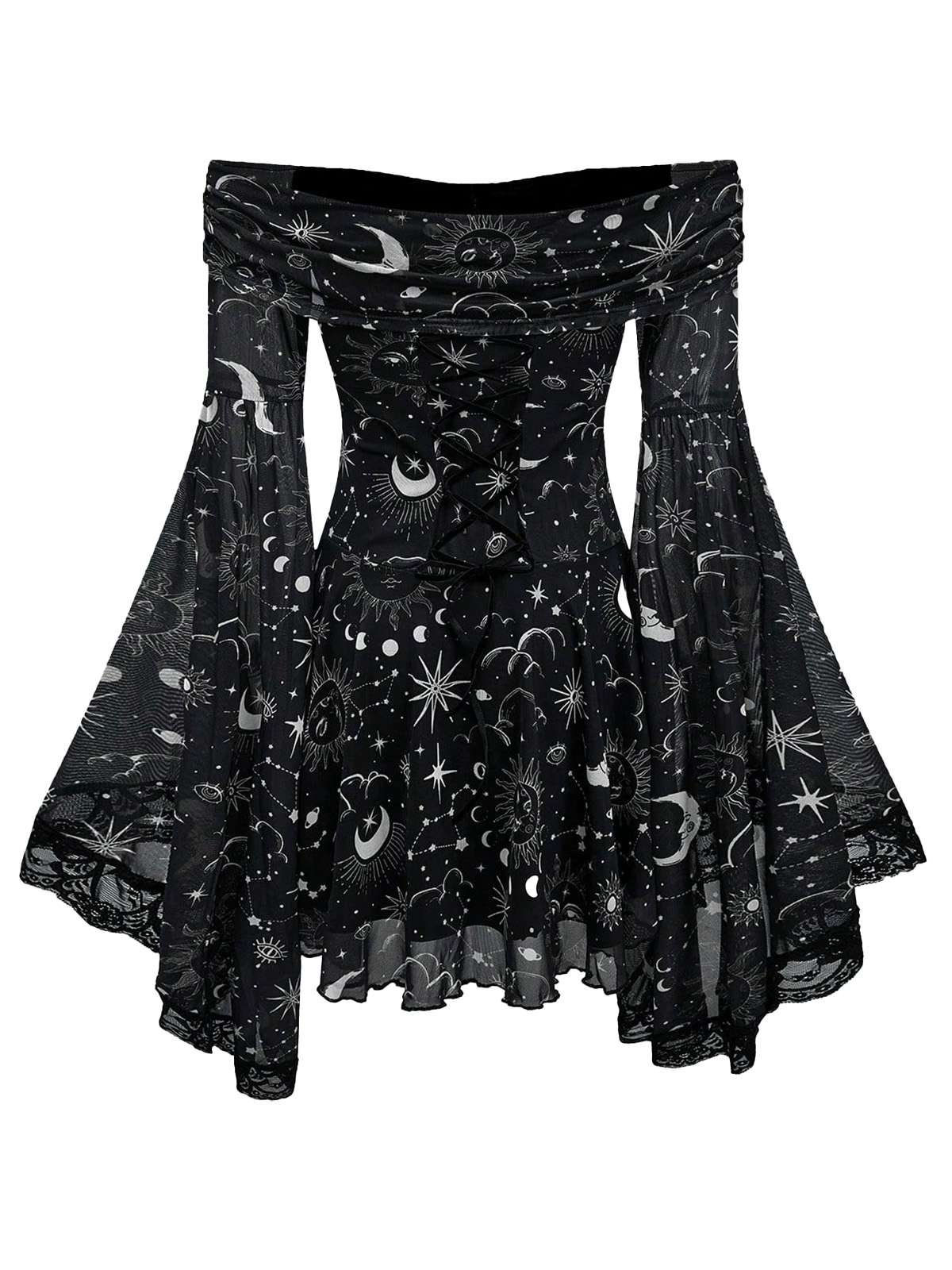 1980s Star Moon Sun Face Off-Shoulder Bell Sleeve Dress - Image 5