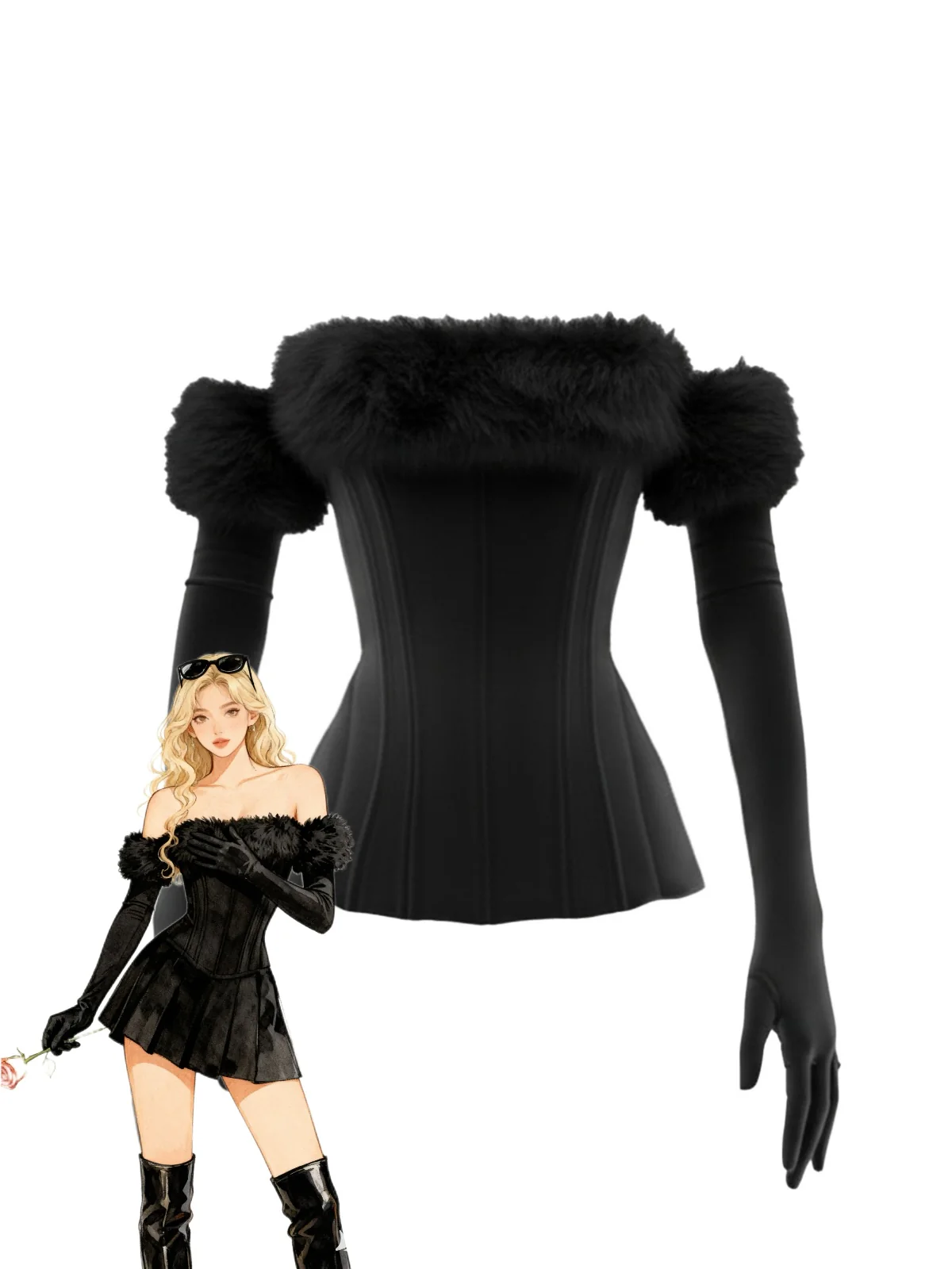 1980s Strapless Plush Fitted Top With Long Gloves - Image 8