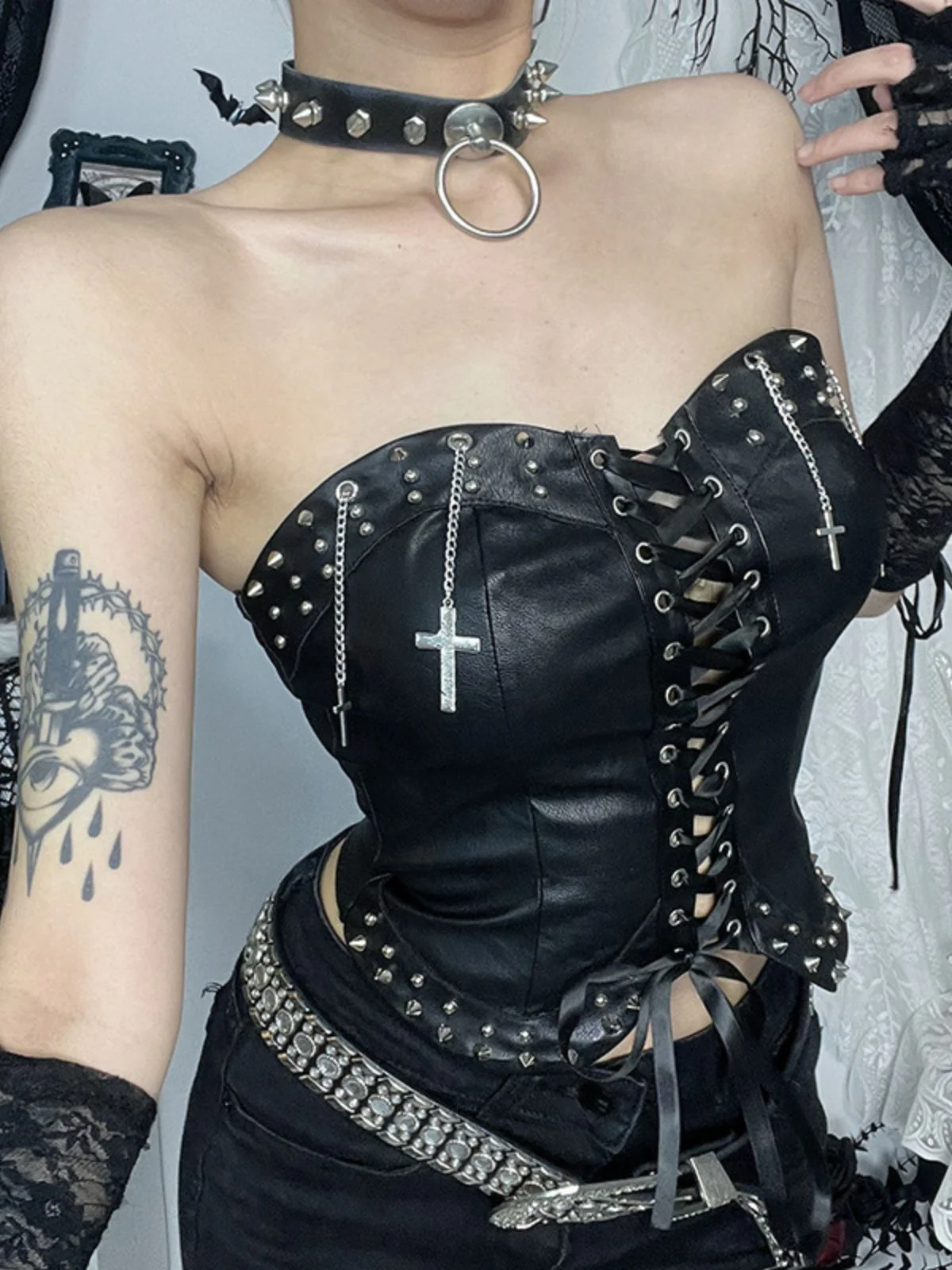 1980s Strapless Punk Leather Lace-Up Studded Top - Image 2