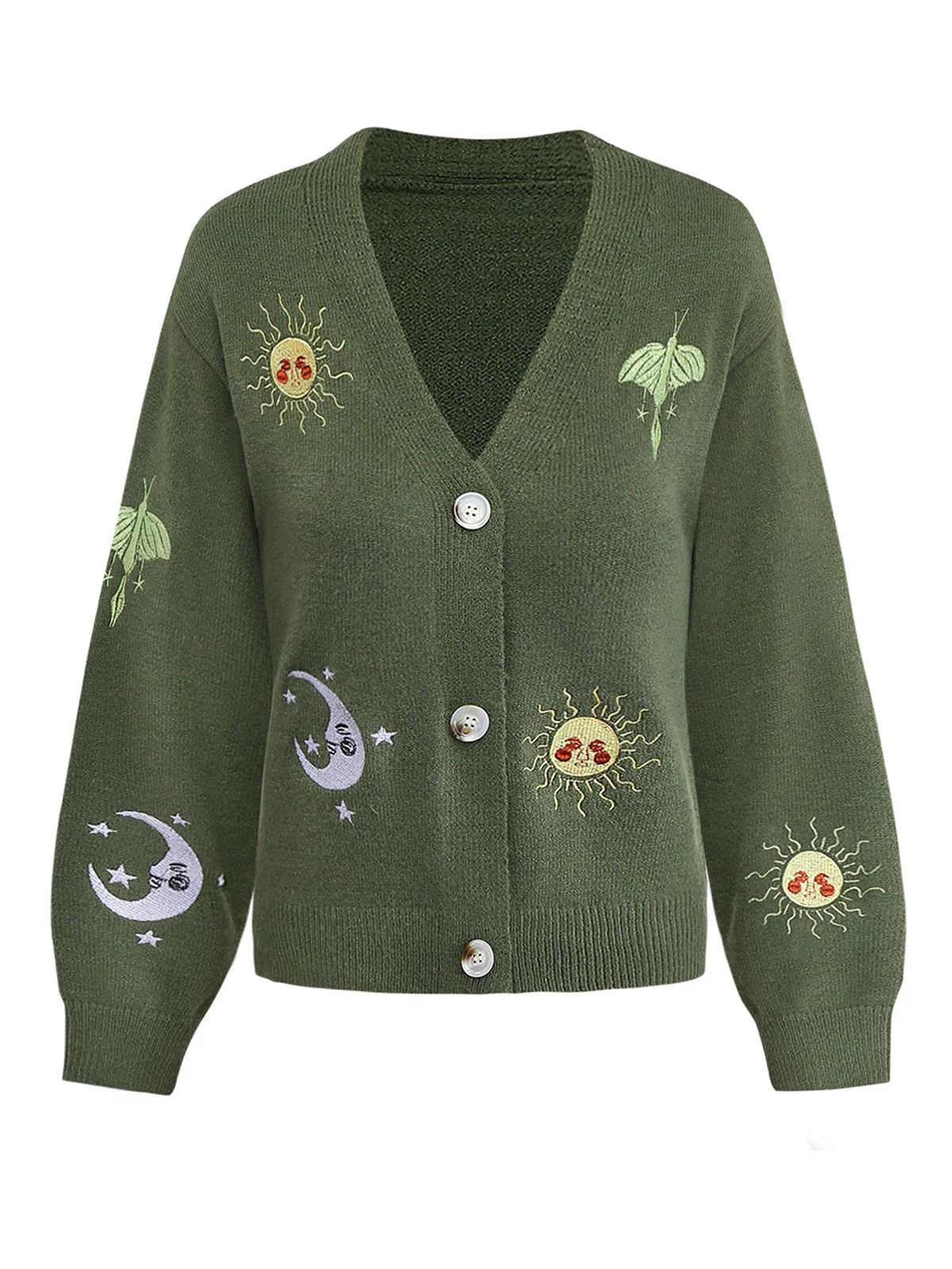 1980s Sun Moon Embroidered Lantern Sleeve Knitted Cardigan - Image 2