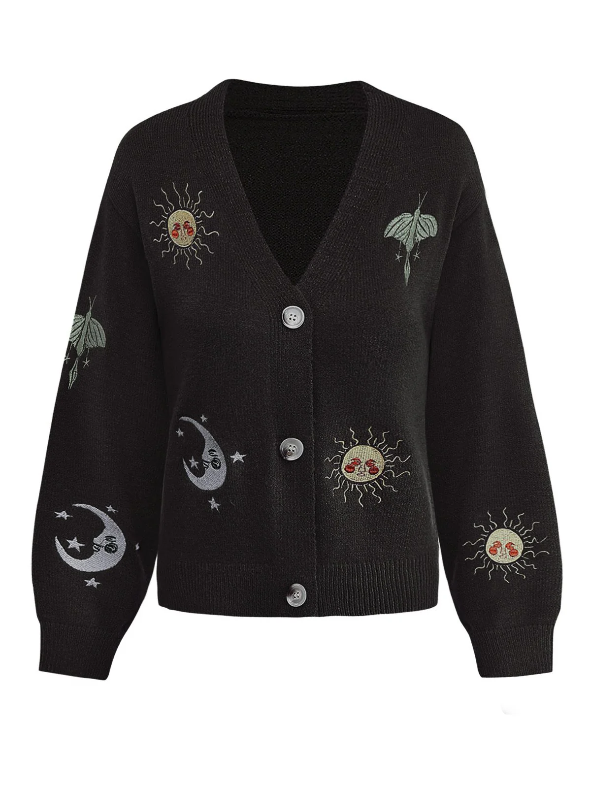 1980s Sun Moon Embroidered Lantern Sleeve Knitted Cardigan - Image 8