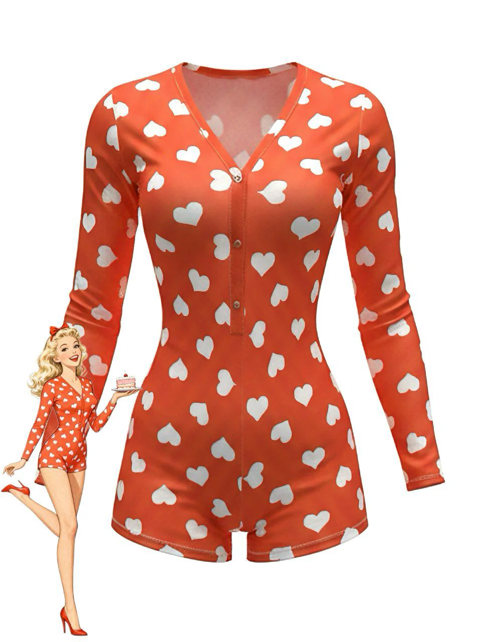 1980s V-Neck Heart Slip Print Romper Pajama - Image 5