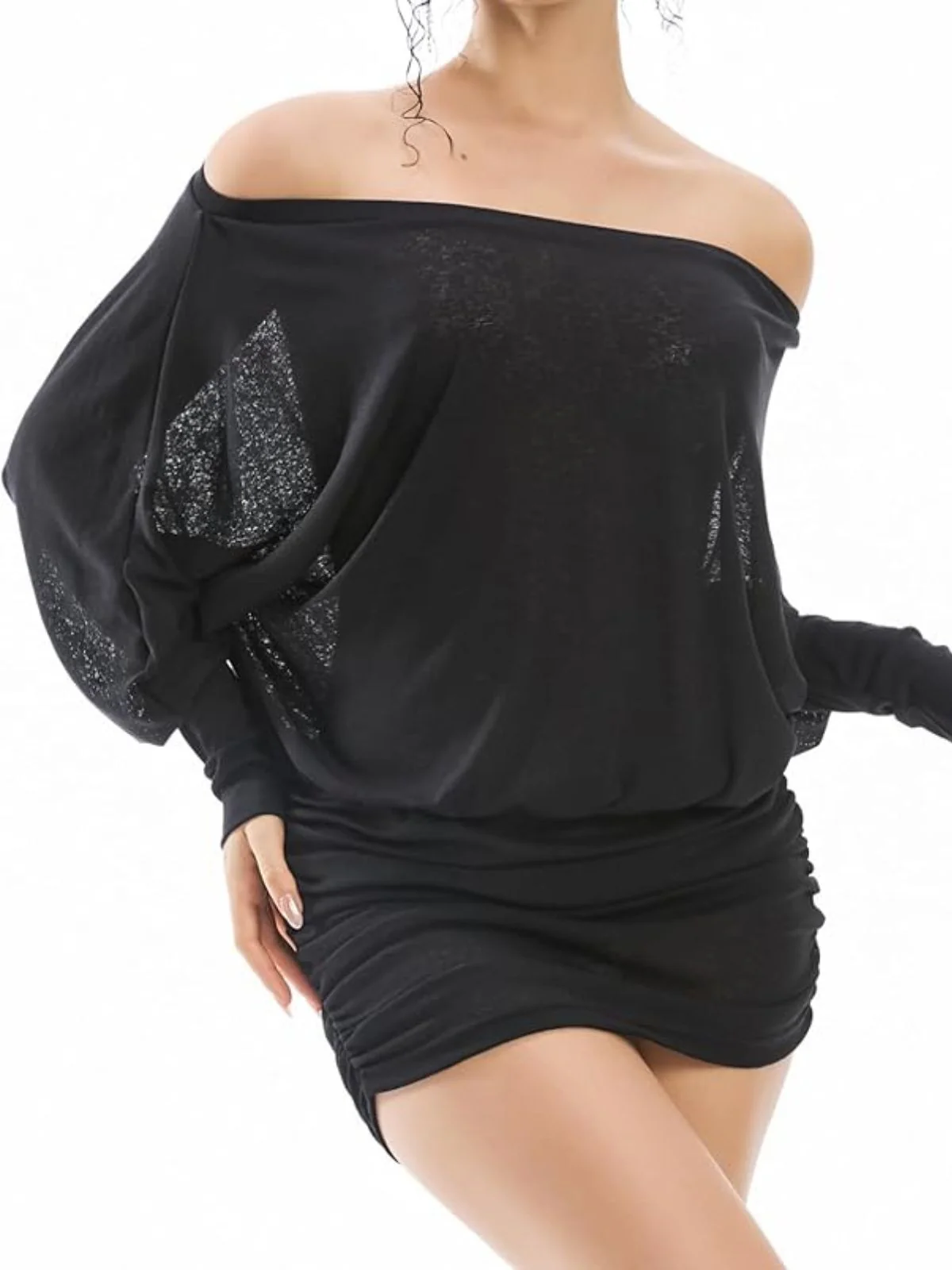 2000s Off Shoulder Ruched Batwing Mini Dress - Image 5