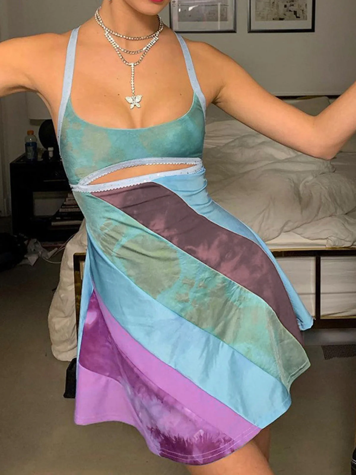 Y2K Tie-Dye Cutout Rainbow Mini Dress - Image 2