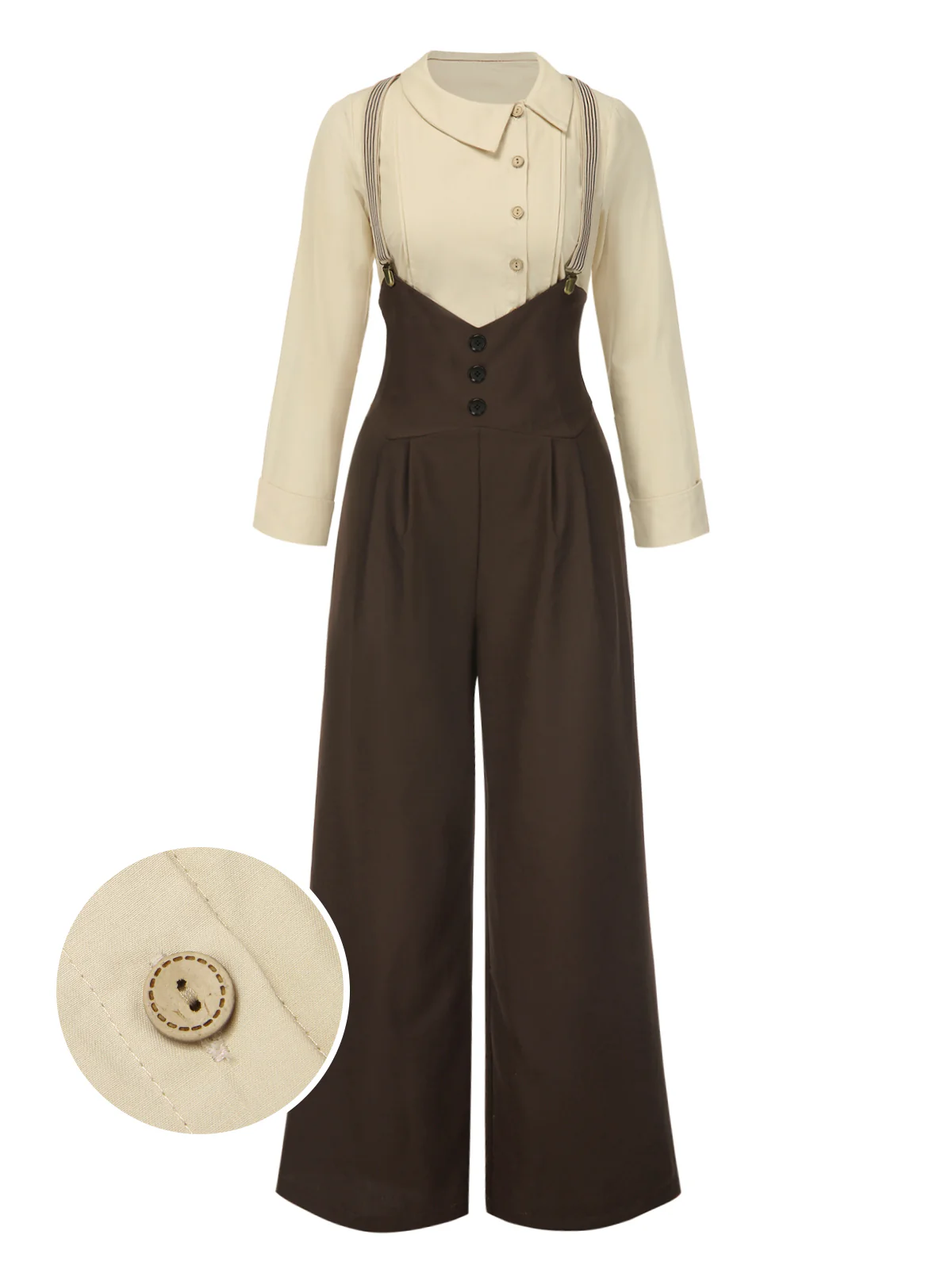 2PCS 1930s Cotton Solid Blouse & Suspender Pants - Image 2