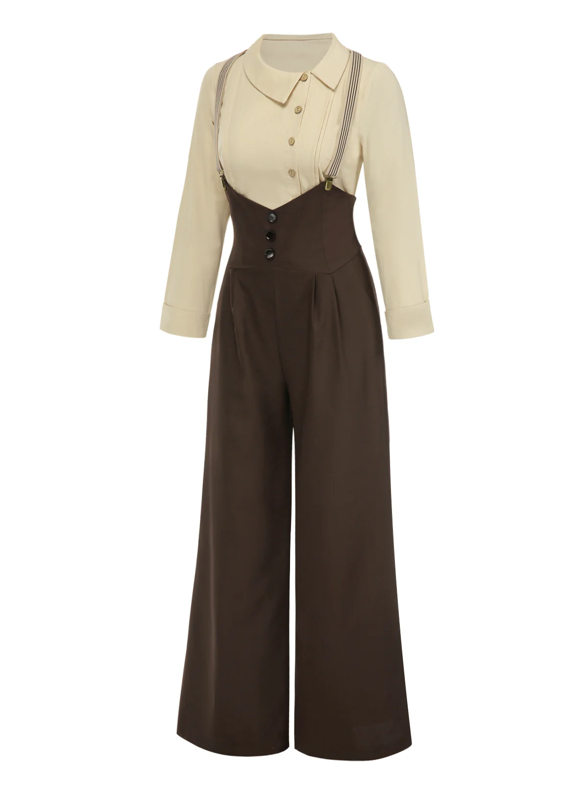 2PCS 1930s Cotton Solid Blouse & Suspender Pants - Image 4
