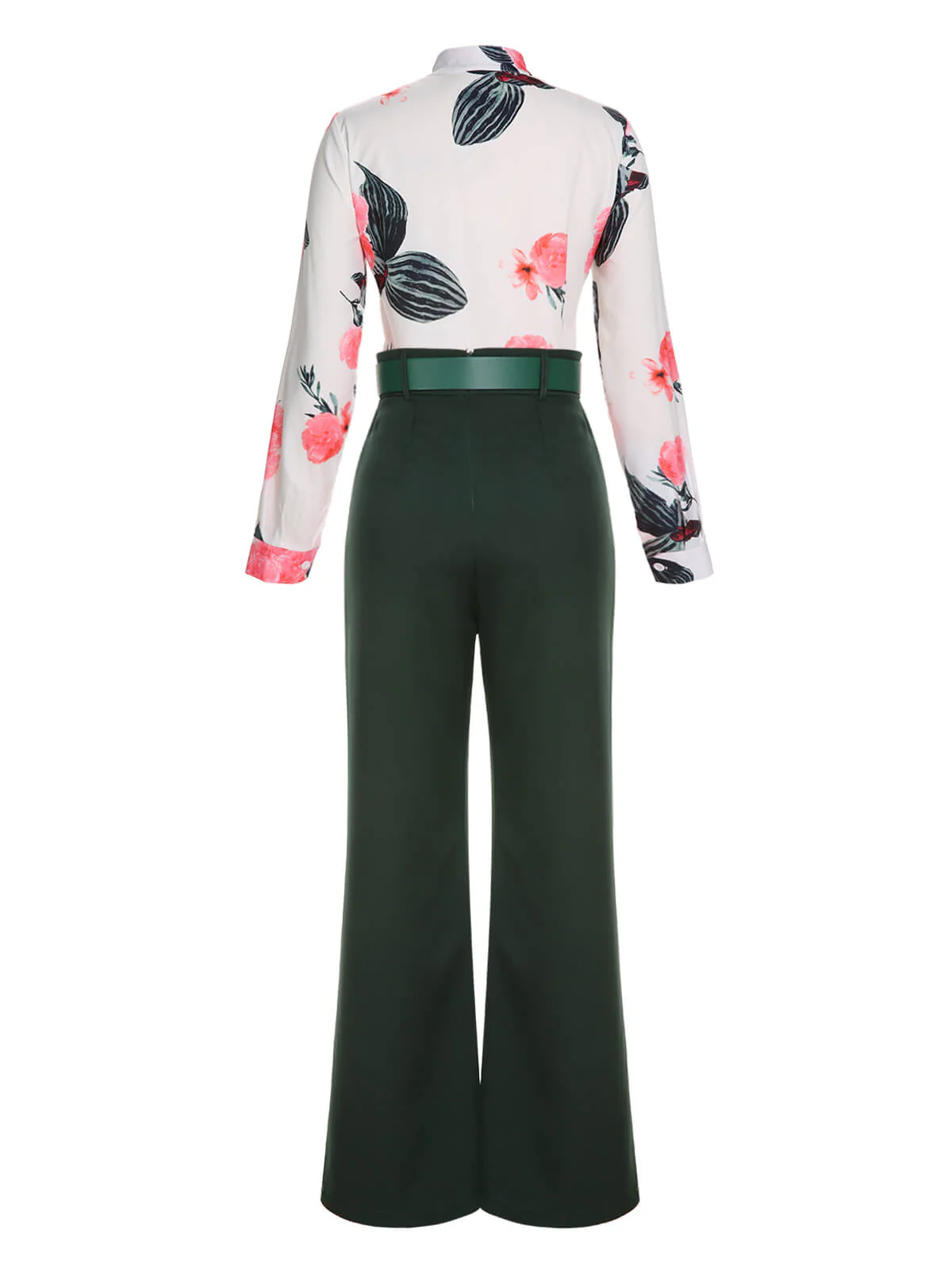 2PCS 1930s Floral Blouse & Green Wideleg Pants - Image 2