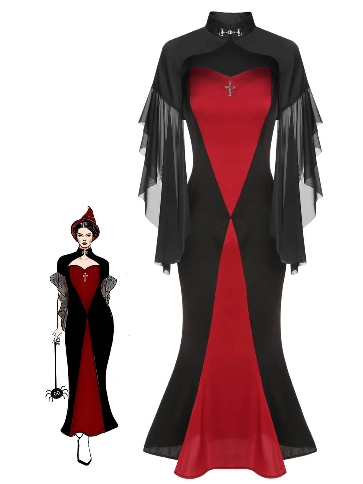 2PCS 1930s Halloween Fishtail Dress & Sheer Coat - Image 2