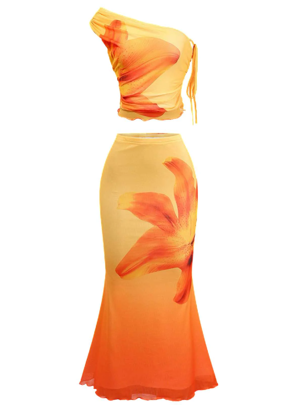 2PCS 1930s Lily Mesh One-Shoulder Crop Top & Mermaid Skirt - Image 2
