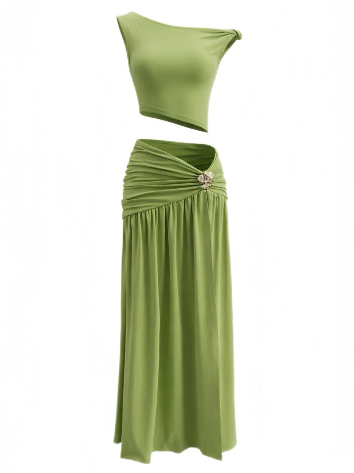 2PCS 1930s Off-Shoulder Top & Slit Ruched Maxi Skirt - Image 2