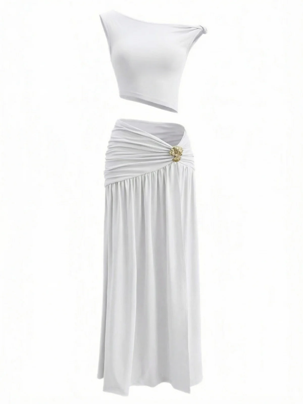 2PCS 1930s Off-Shoulder Top & Slit Ruched Maxi Skirt - Image 4