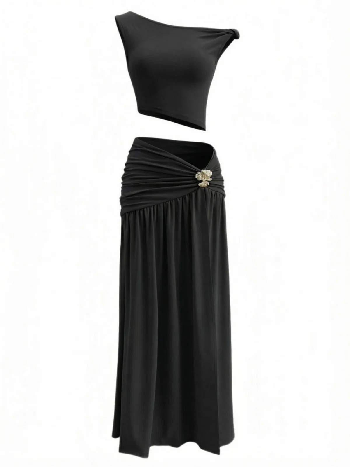 2PCS 1930s Off-Shoulder Top & Slit Ruched Maxi Skirt - Image 6