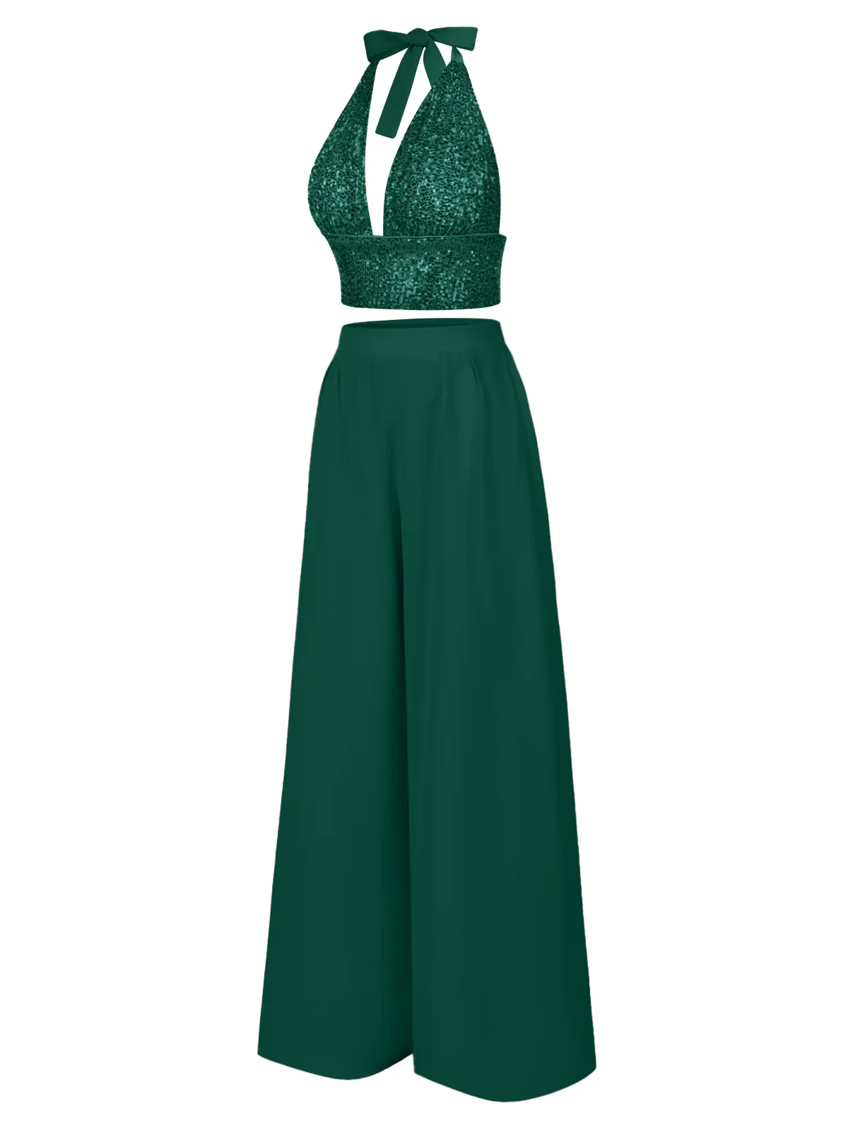 2PCS 1930s Sequined Halter Crop Top & Wide Leg Pants - Image 2