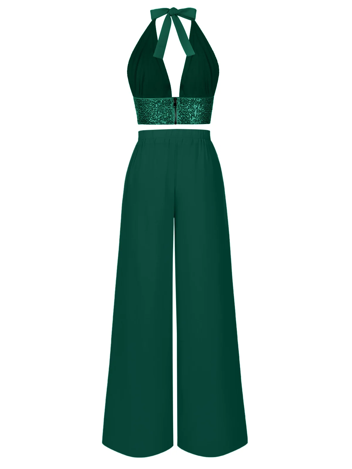 2PCS 1930s Sequined Halter Crop Top & Wide Leg Pants - Image 3
