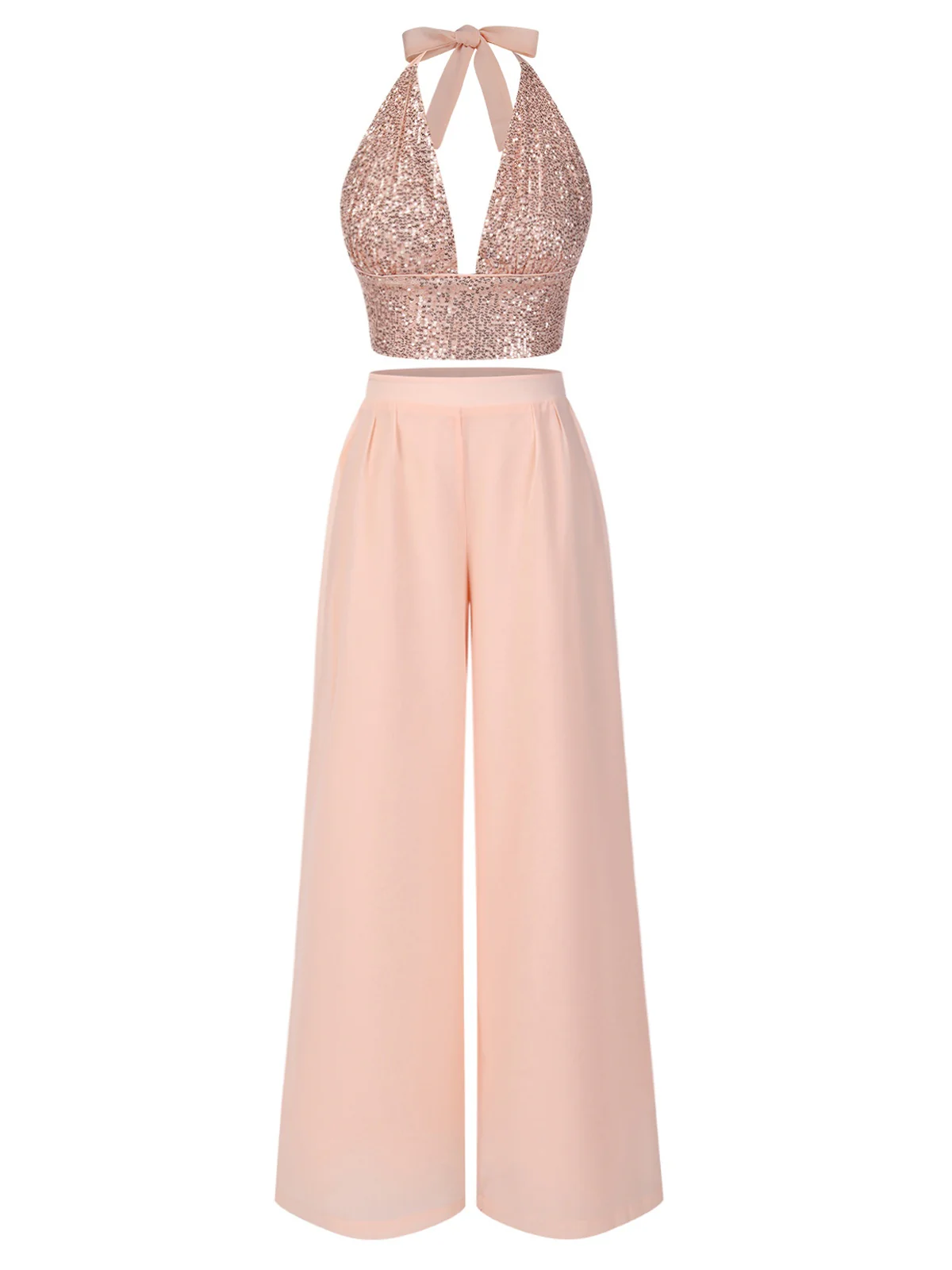 2PCS 1930s Sequined Halter Crop Top & Wide Leg Pants - Image 5