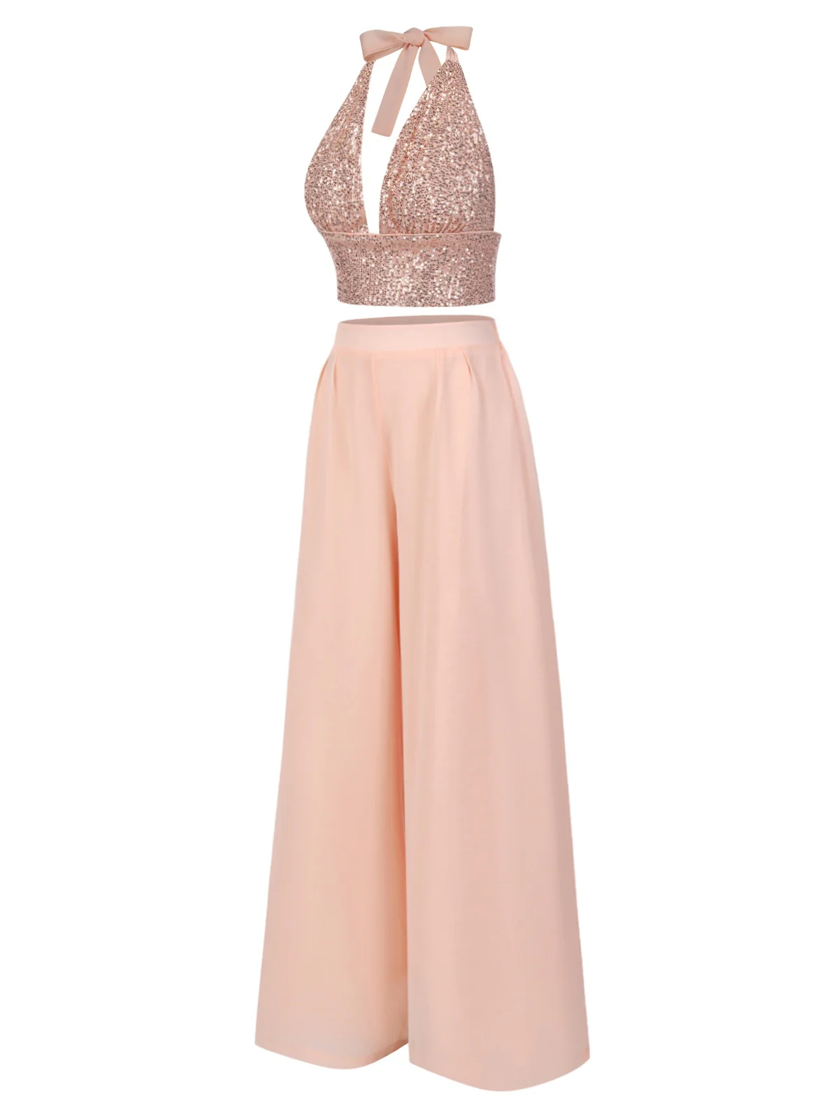 2PCS 1930s Sequined Halter Crop Top & Wide Leg Pants - Image 6