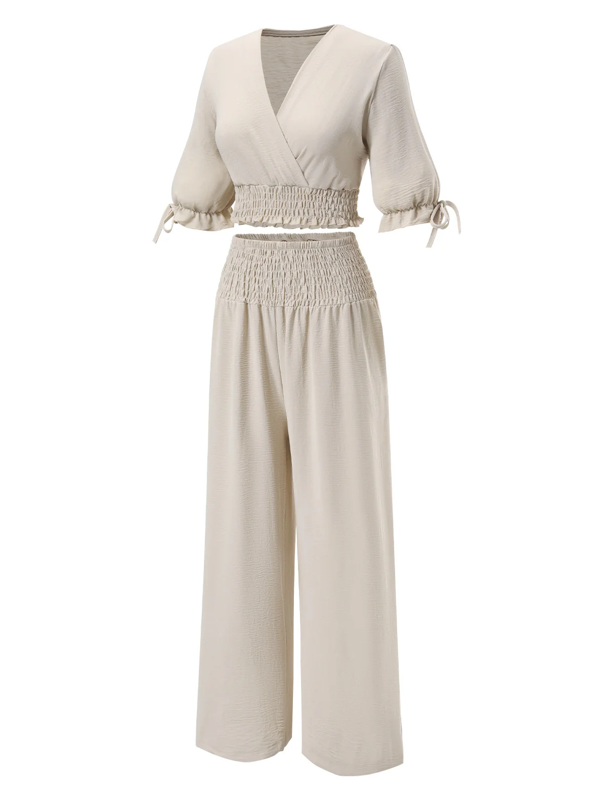 2PCS 1930s Solid V-Neck Smocked Top & Wide-Leg Pants - Image 2