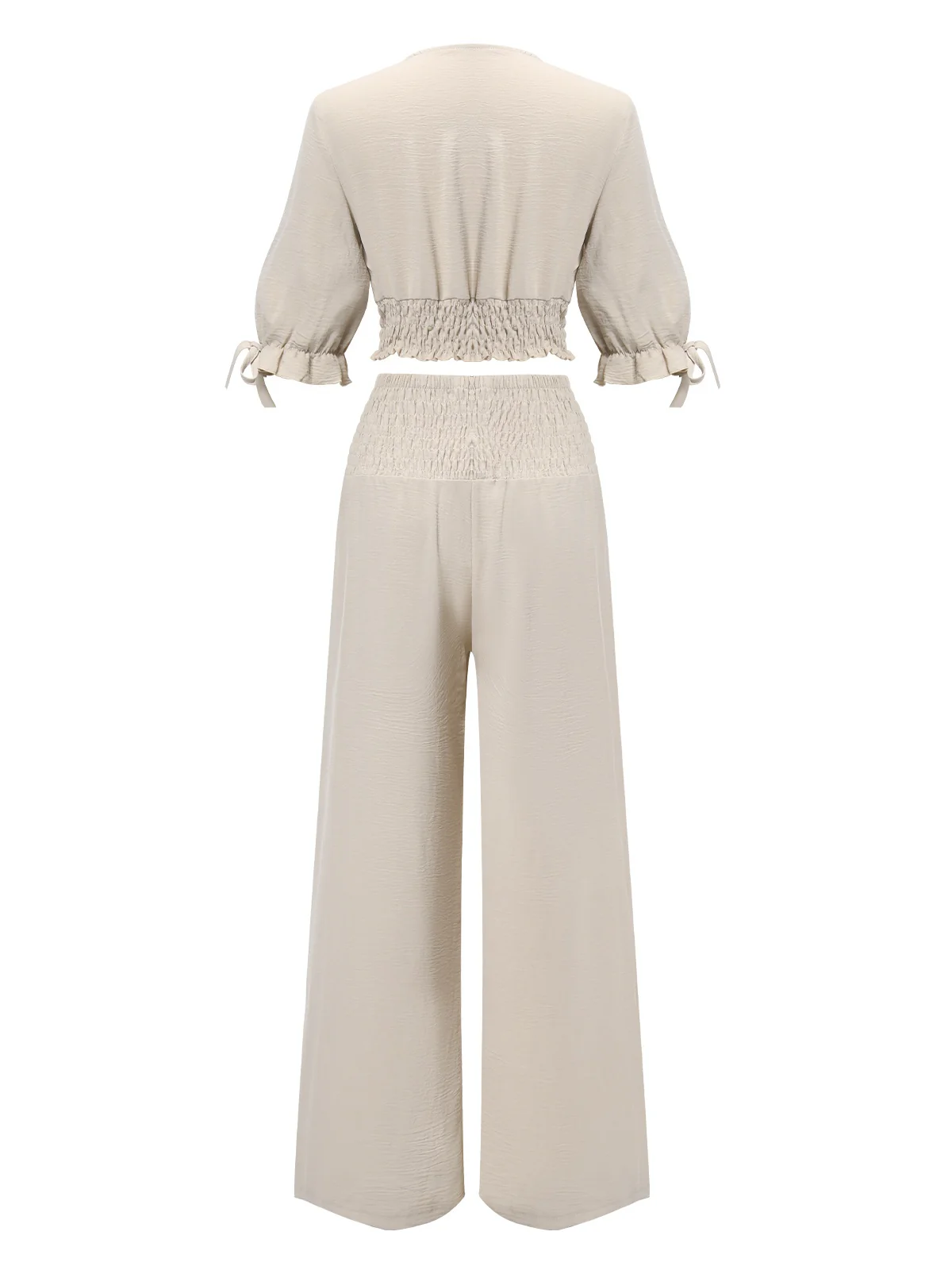 2PCS 1930s Solid V-Neck Smocked Top & Wide-Leg Pants - Image 3