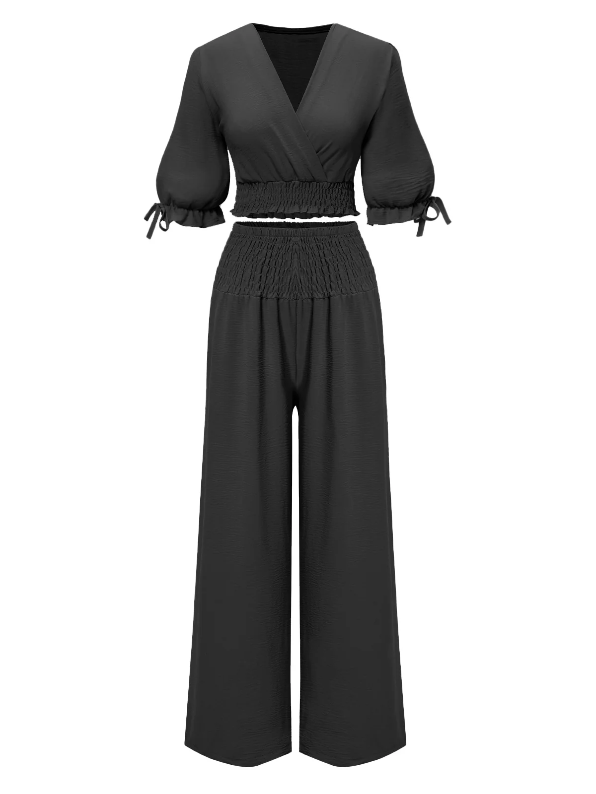 2PCS 1930s Solid V-Neck Smocked Top & Wide-Leg Pants - Image 4