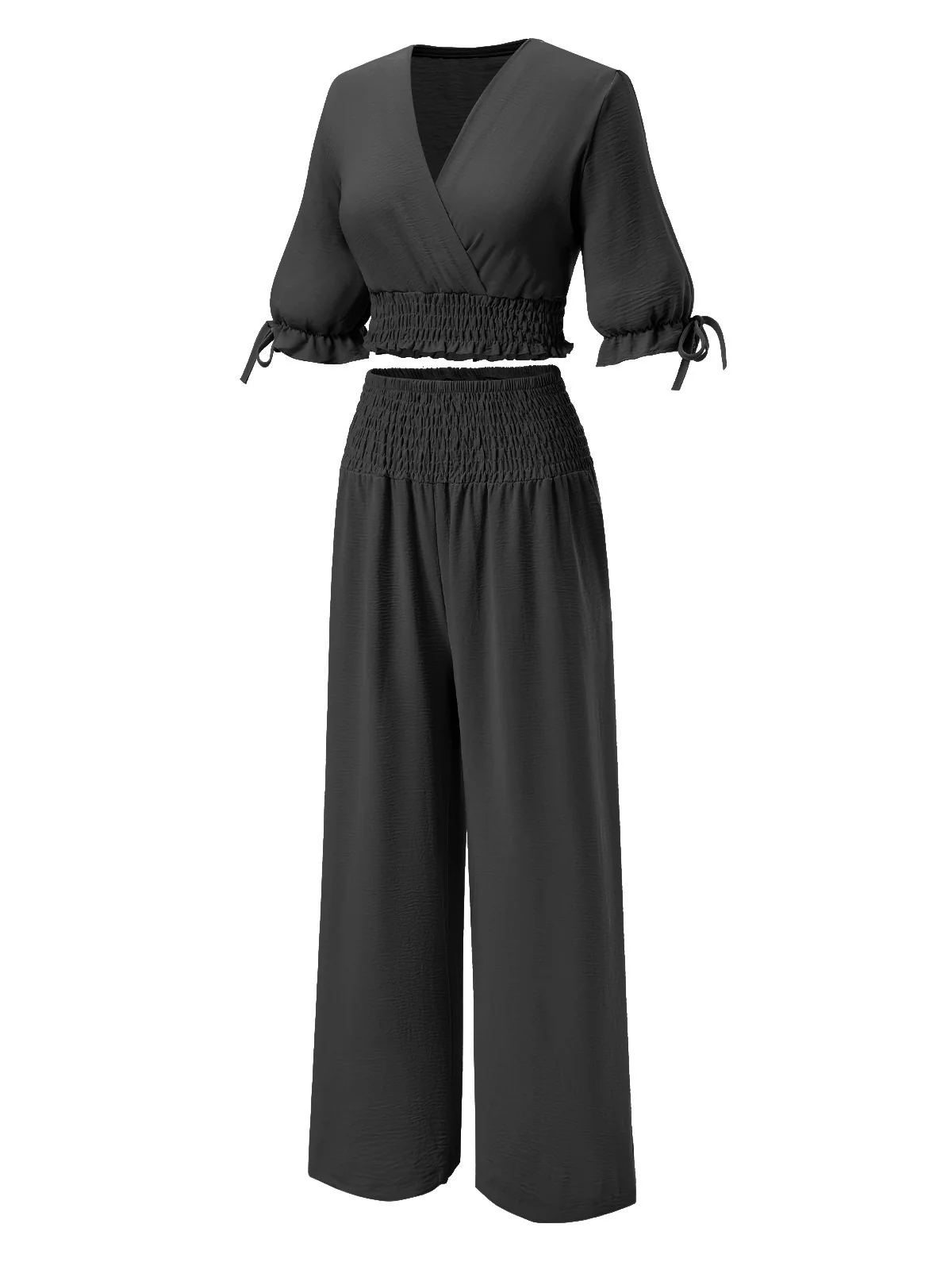 2PCS 1930s Solid V-Neck Smocked Top & Wide-Leg Pants - Image 5