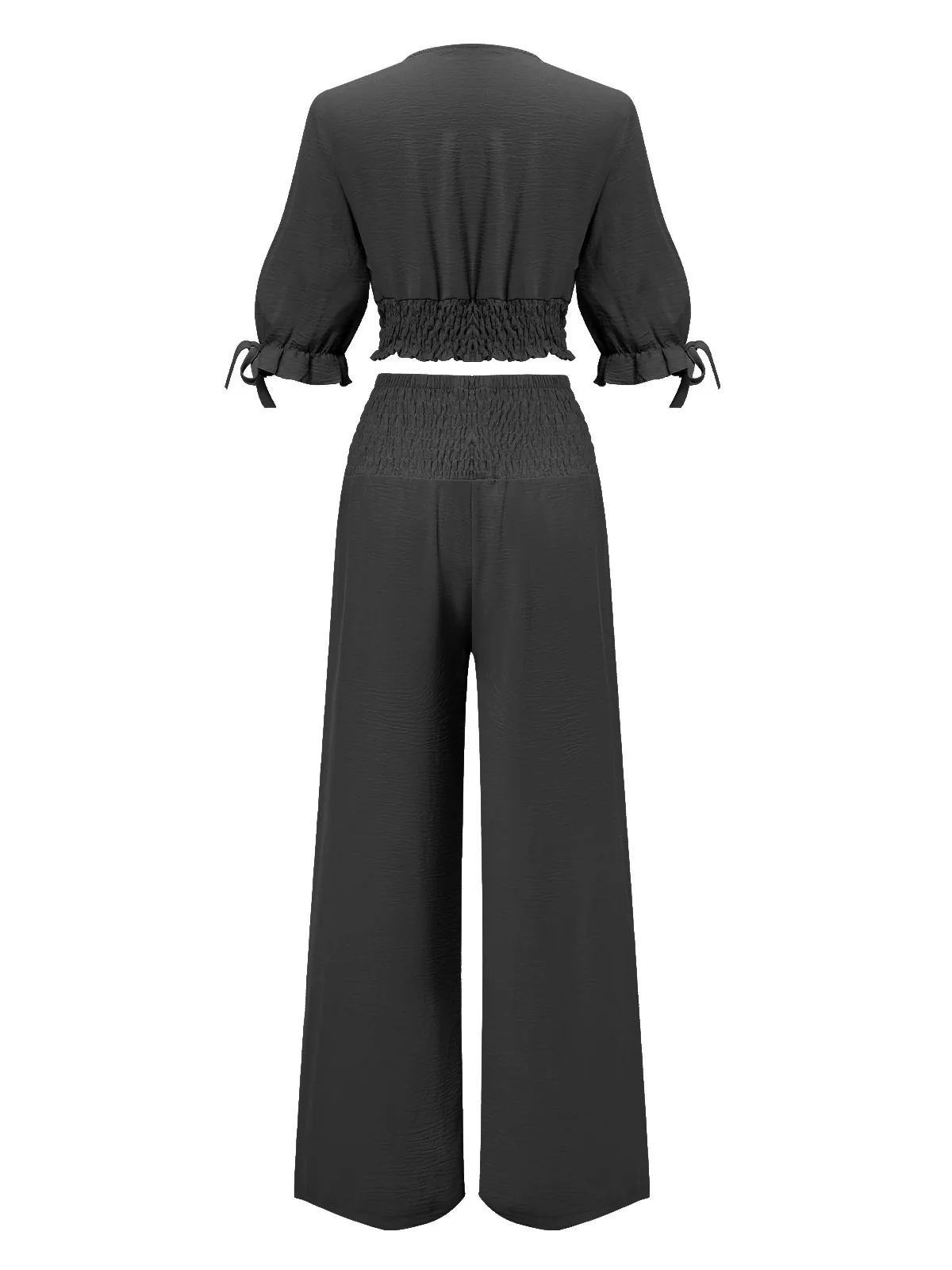 2PCS 1930s Solid V-Neck Smocked Top & Wide-Leg Pants - Image 6