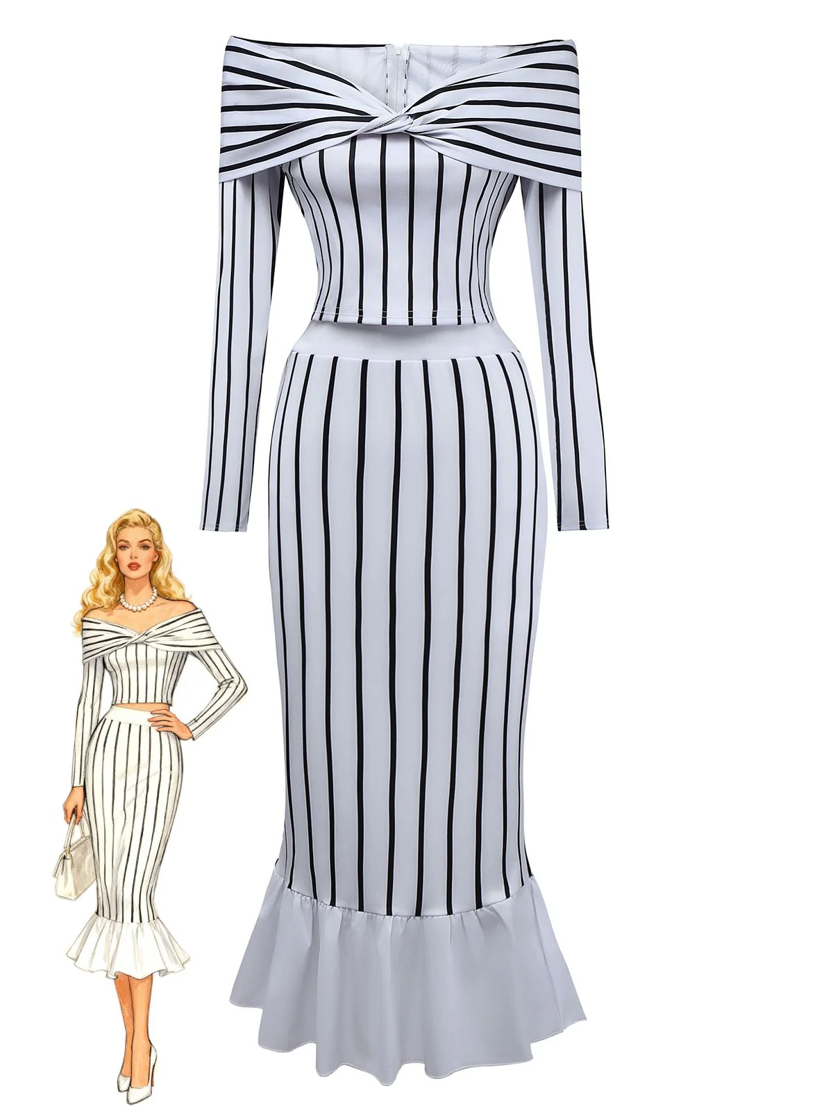2PCS 1930s Striped Off-Shoulder Top & Fishtail Skirt