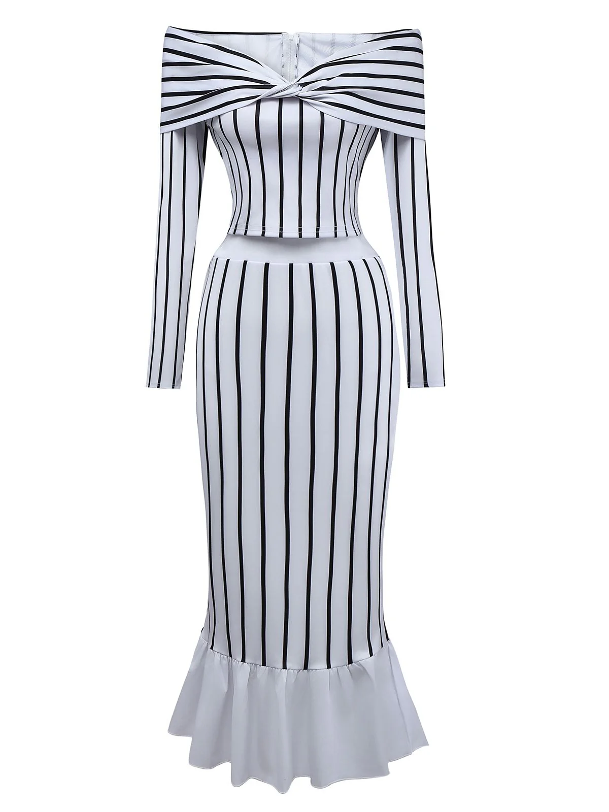 2PCS 1930s Striped Off-Shoulder Top & Fishtail Skirt - Image 2