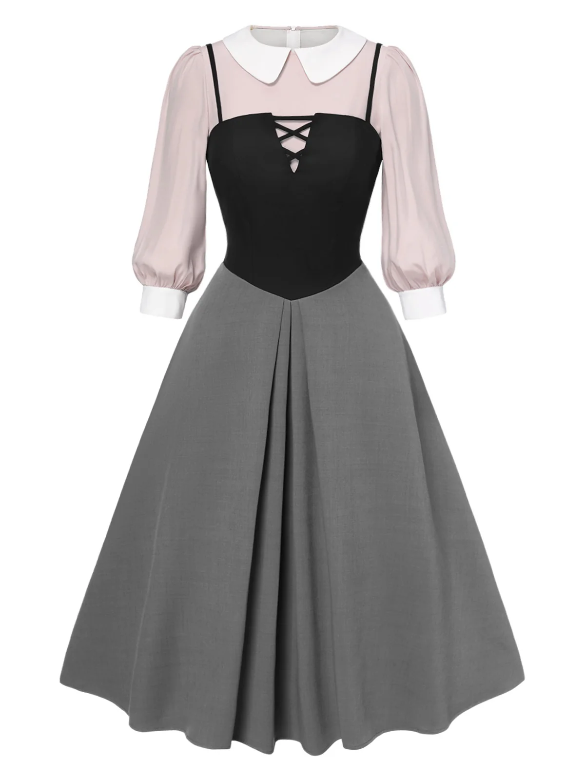 2PCS 1940s Colorblock Pink Blouse & Gray Dress - Image 2