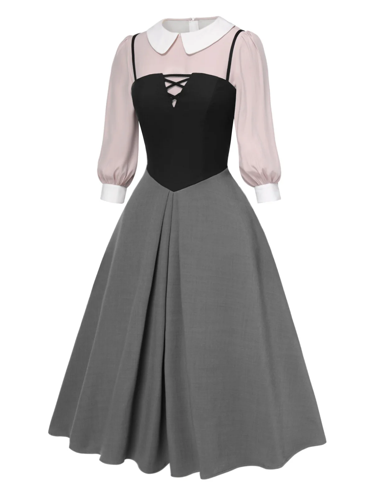 2PCS 1940s Colorblock Pink Blouse & Gray Dress - Image 3