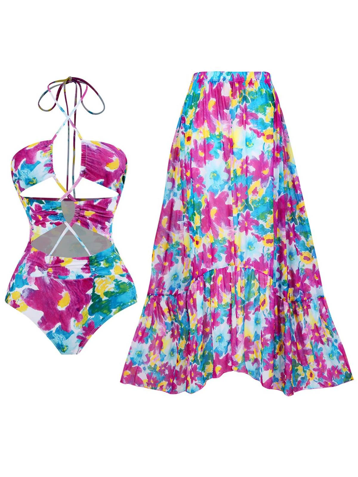 2PCS 1940s Cutout Halter Oil Painting Swimsuit & Cover-Up - Image 3
