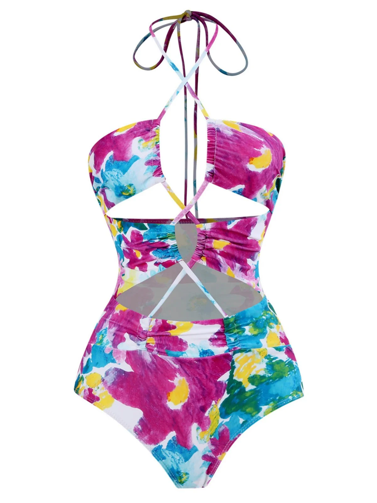 2PCS 1940s Cutout Halter Oil Painting Swimsuit & Cover-Up - Image 4
