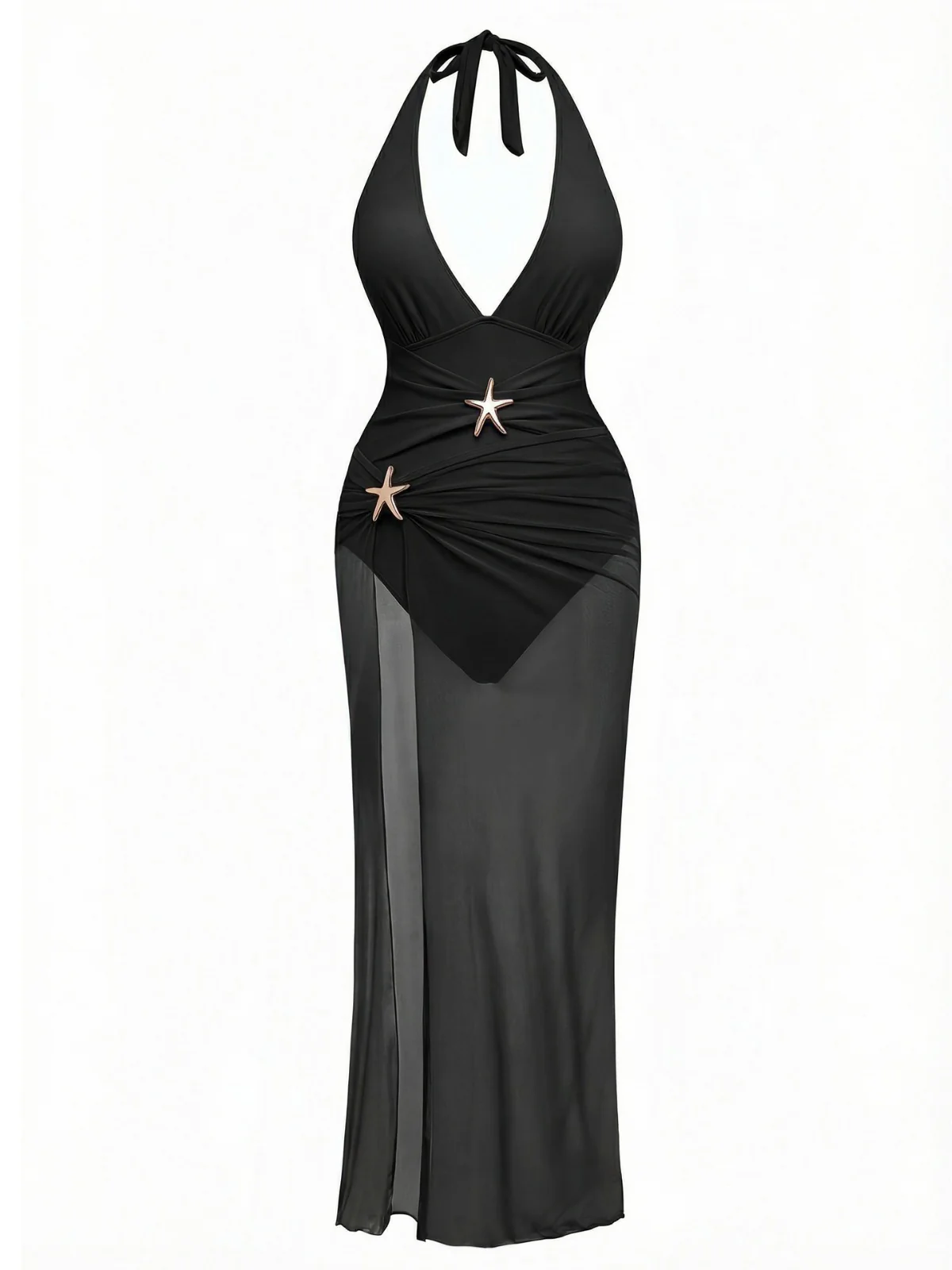 2PCS 1940s Deep V Halter Starfish One-Piece Swimsuit & Cover-Up - Image 11