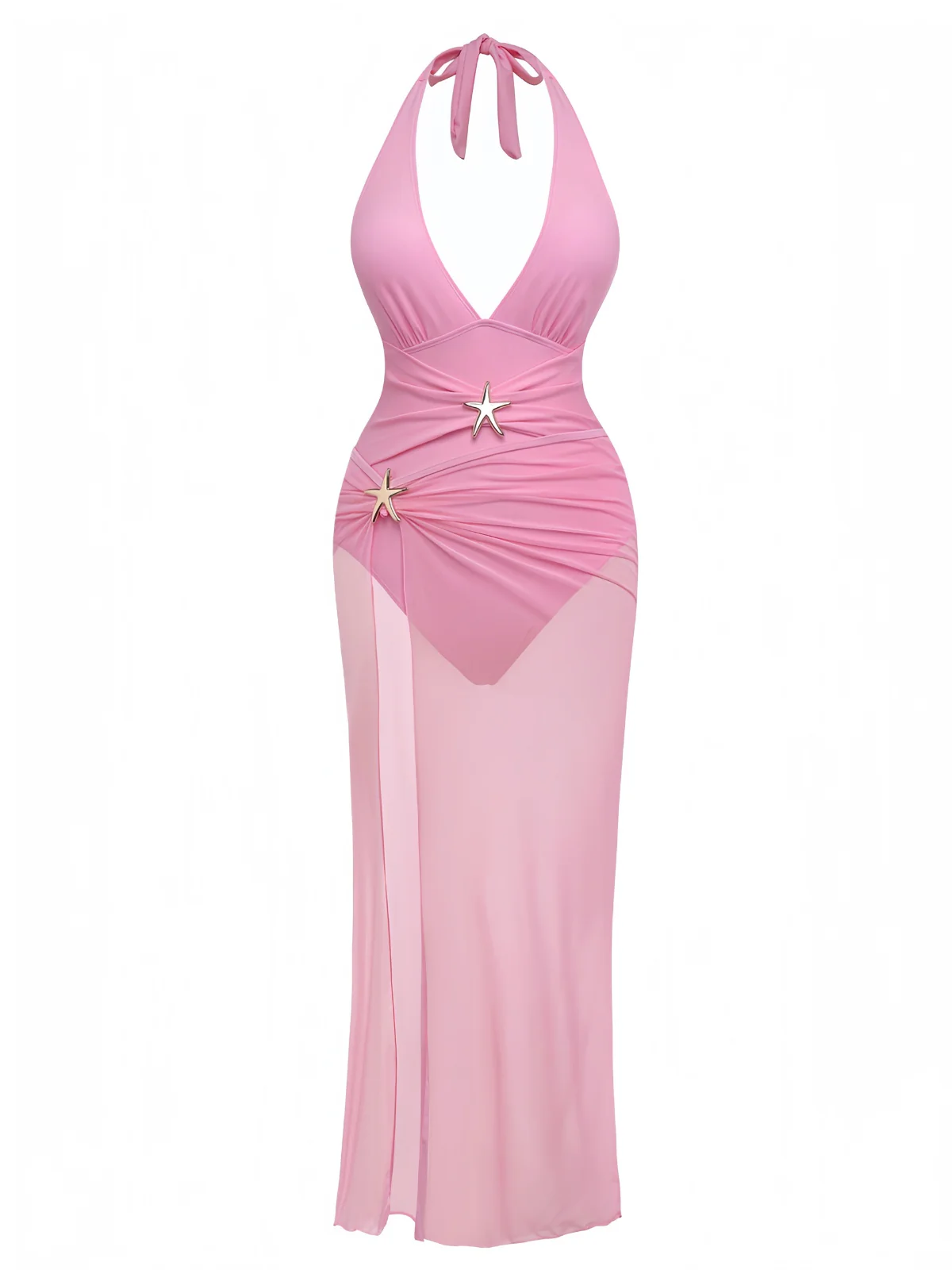 2PCS 1940s Deep V Halter Starfish One-Piece Swimsuit & Cover-Up - Image 2