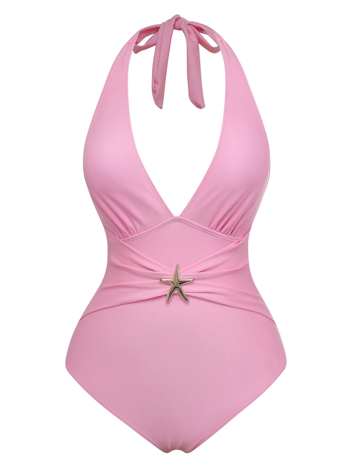 2PCS 1940s Deep V Halter Starfish One-Piece Swimsuit & Cover-Up - Image 3