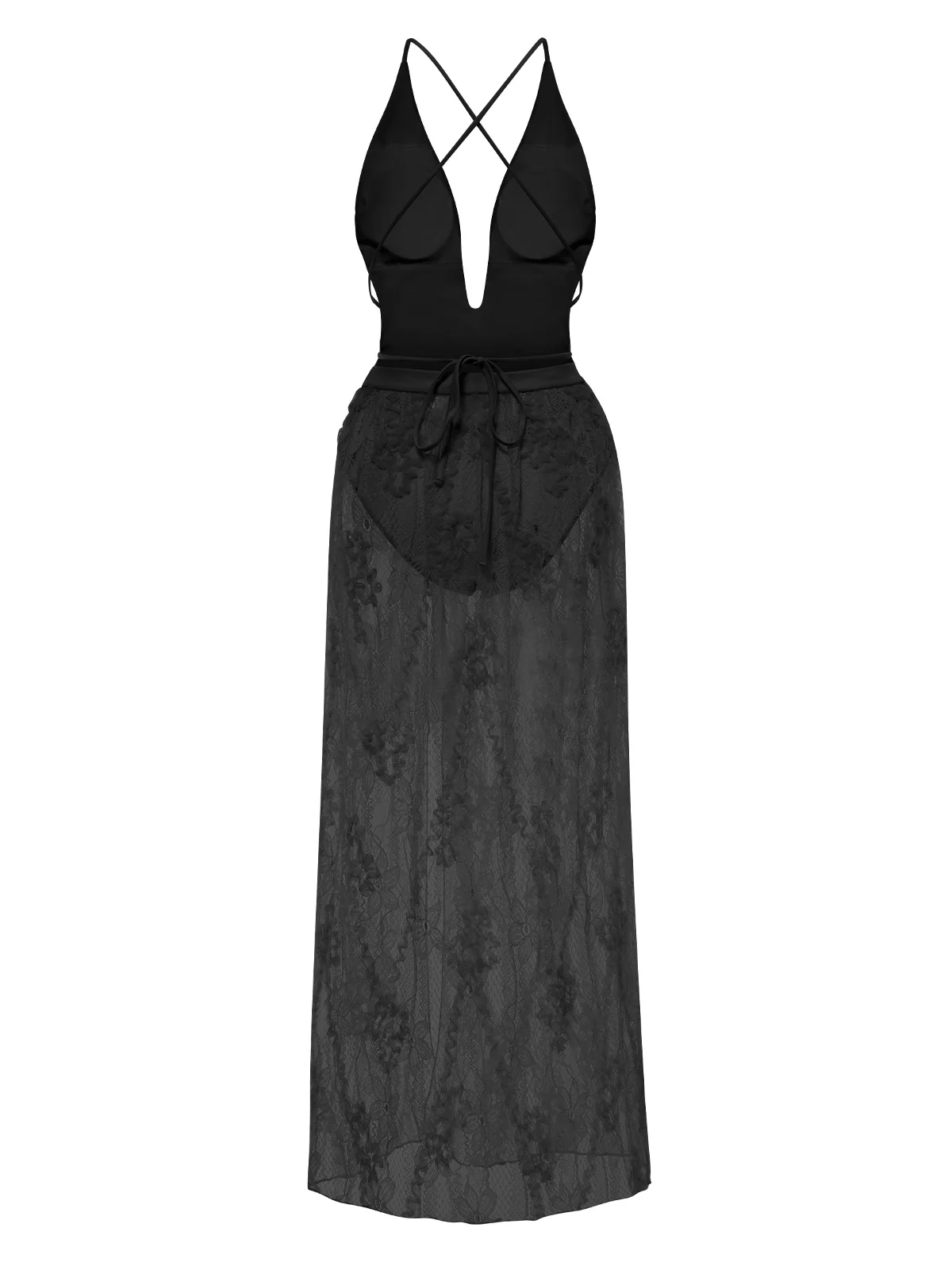 2PCS 1940s Deep-V One-Piece Swimsuit & Lace Cover-Up - Image 2