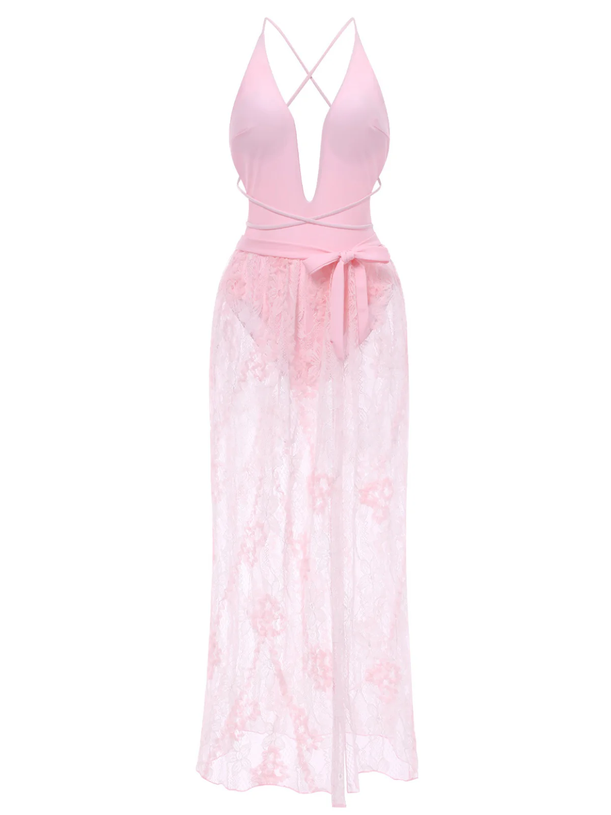2PCS 1940s Deep-V One-Piece Swimsuit & Lace Cover-Up - Image 4